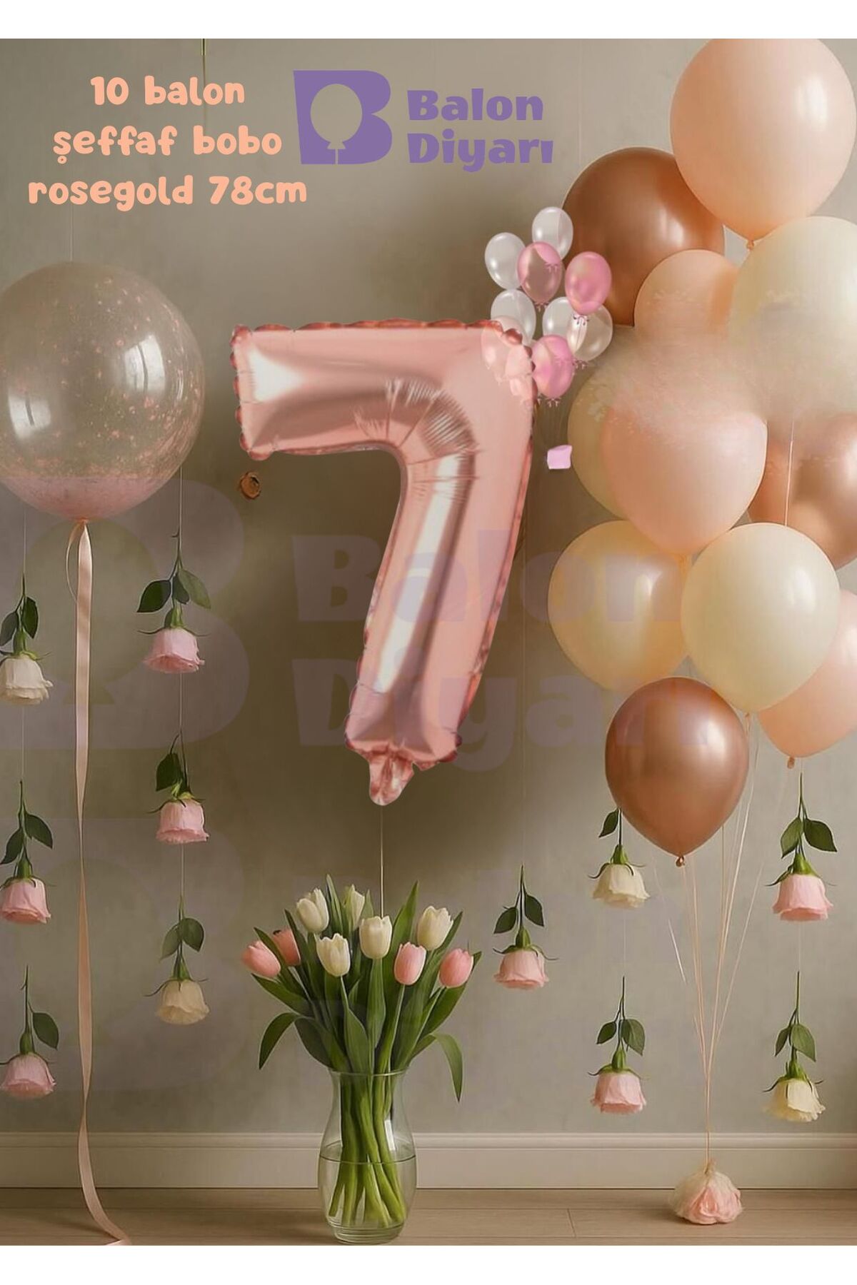 7 Yaş Rosegold Doğum Günü Seti Şeffaf Bobo hediyeli
