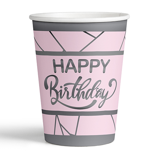 8'li Karton Bardak Silver Yaldızlı Happy Pembe