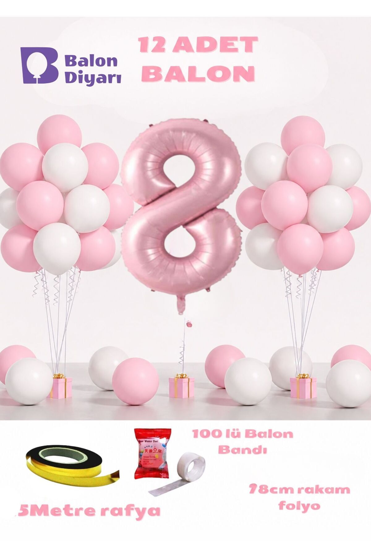 8 Yaş Pembe Doğum Günü Balon Seti 78cm balon bandı rafyası dahil