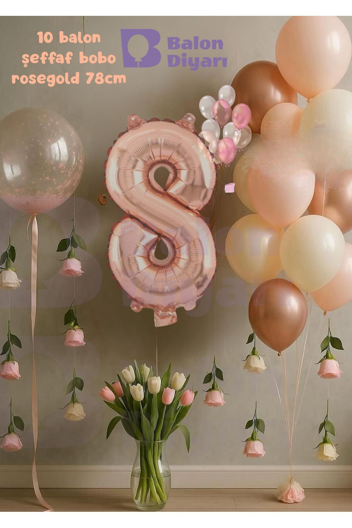 8 Yaş Rosegold Doğum Günü Seti Şeffaf Bobo hediyeli