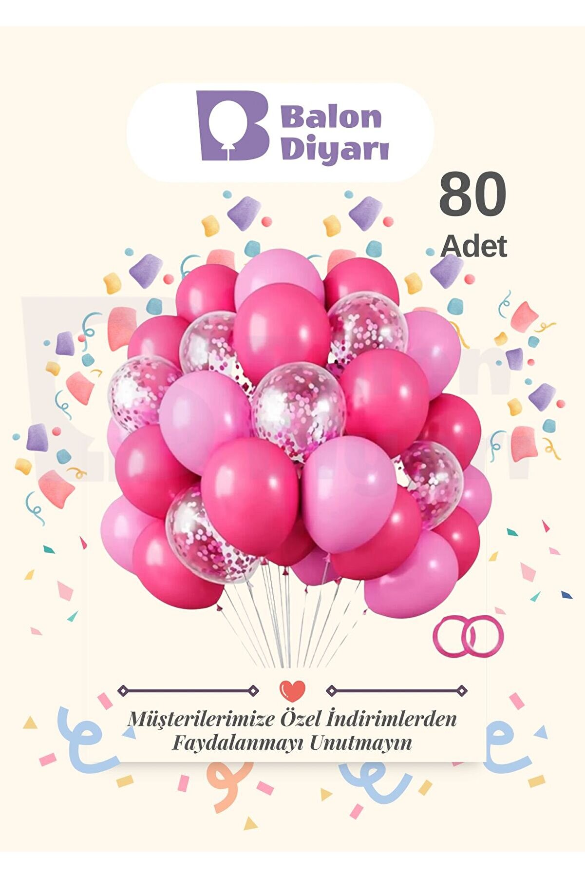 80 Adet Fuşya - Pembe Şeffaf Konfetili Kaliteli Balon Seti