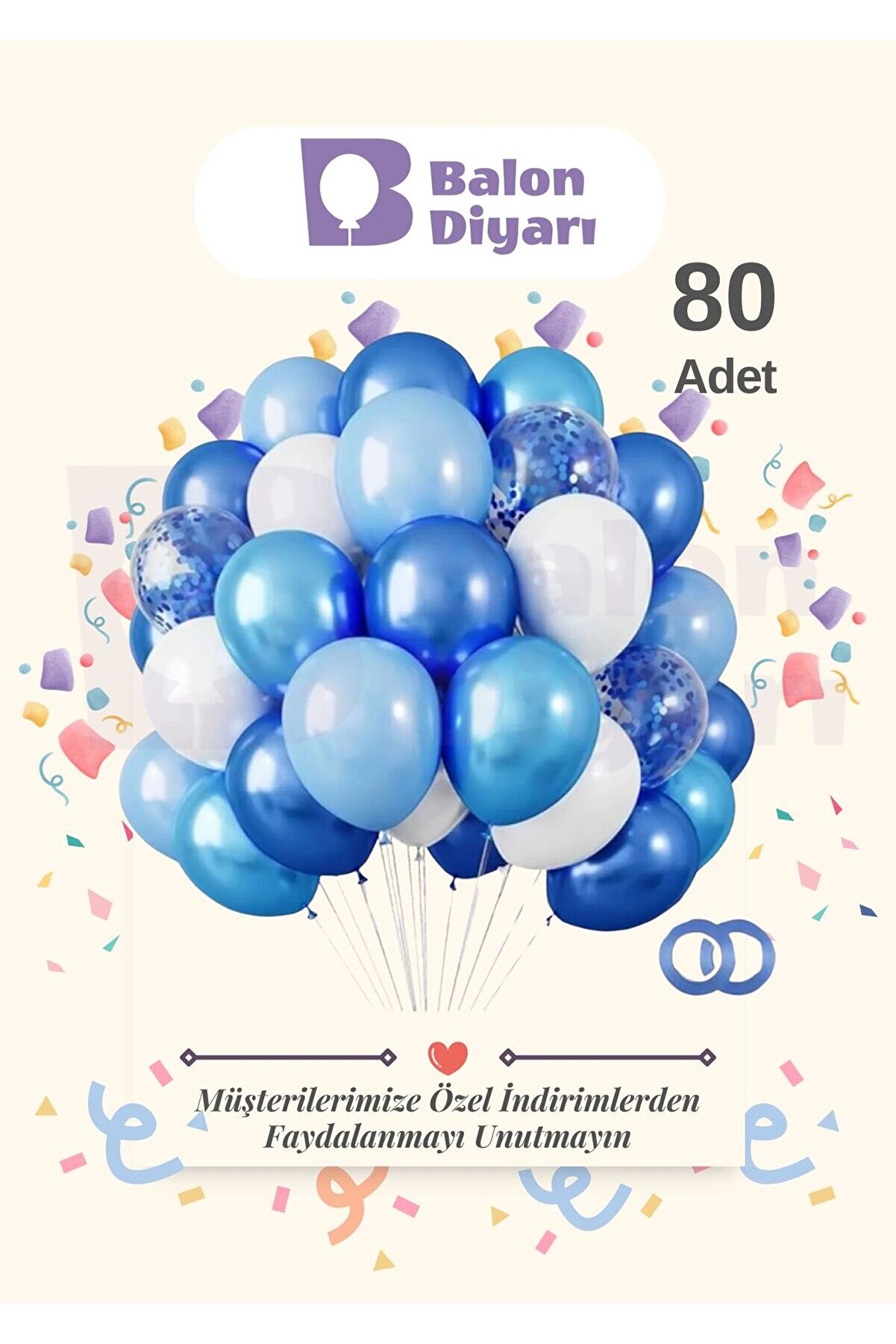 80 Adet Lacivert Açık Mavi Beyaz Konfetili Şeffaf Balon, Metalik Pastel Karışık Kaliteli Balon Seti