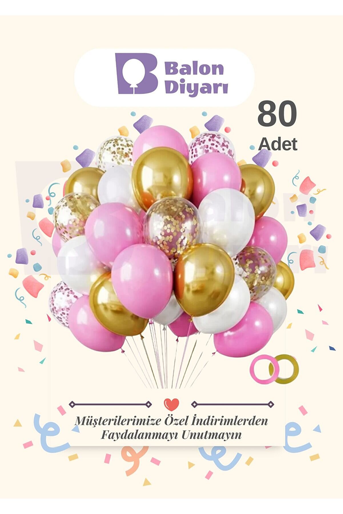 80 Adet Pembe - beyaz Krom Gold - Şeffaf Konfetili Kaliteli Balon Seti