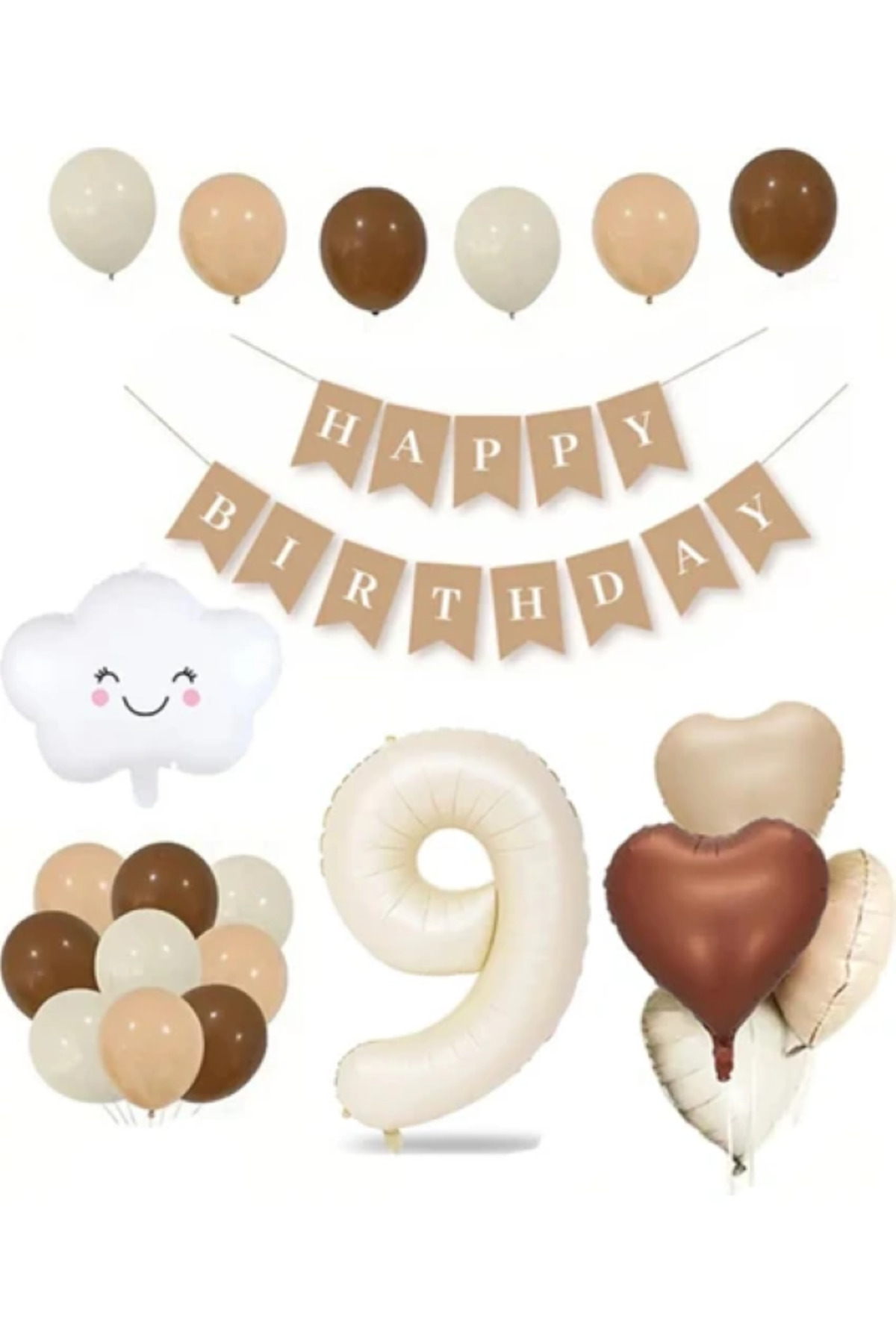 9 Yaş Için Retro Doğum Günü Seti Krem Rakam Folyo Banner Bulut Folyo Balon Balon Bandı