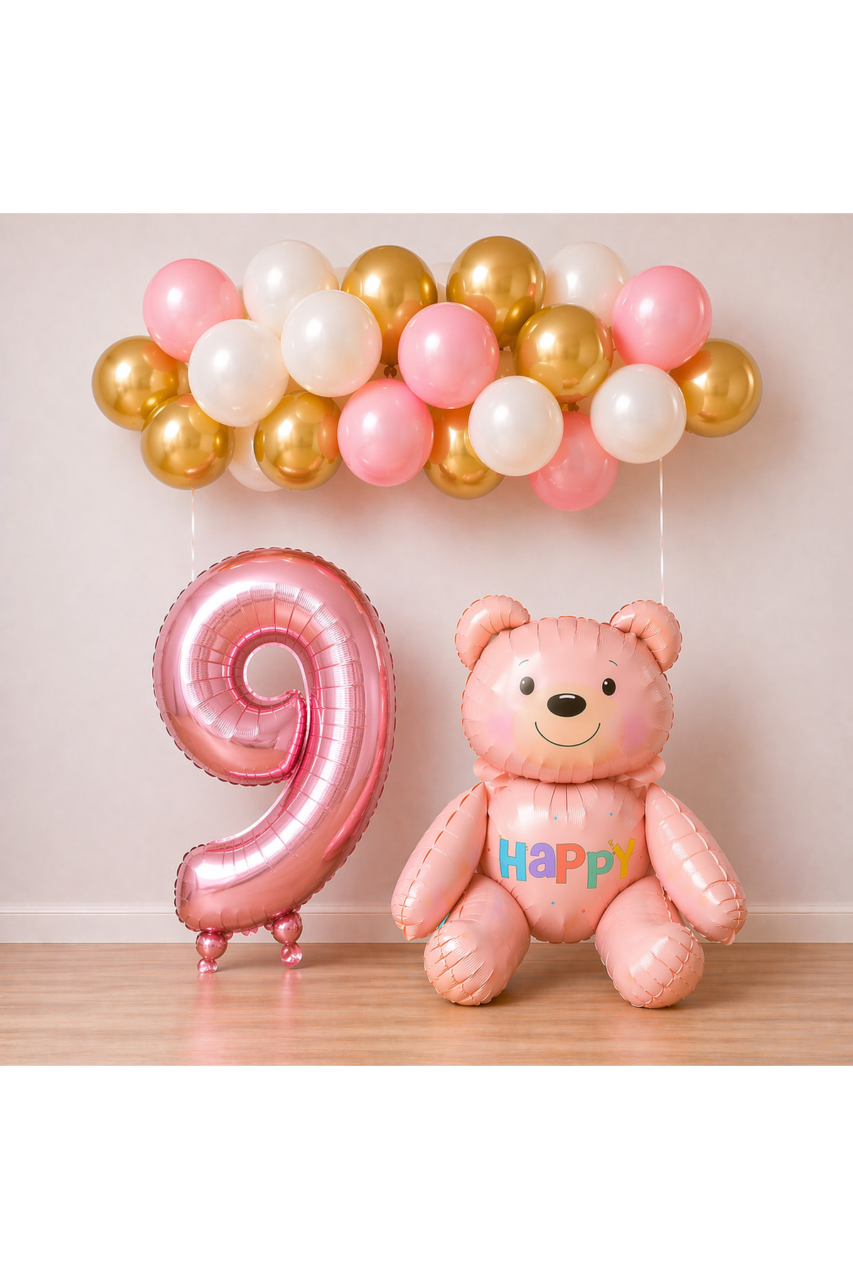 9 Yaş Pembe Ayıcık Temalı Doğum Günü Balon Seti Kız çocuğu