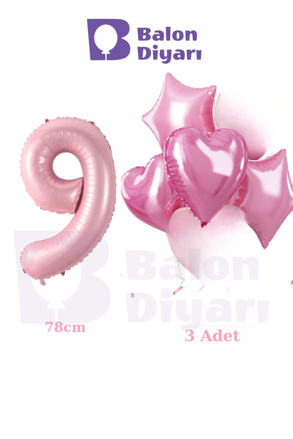 9 yaş pembe kızlara özel doğum günü 3 adet kalp yıldız folyo balon seti