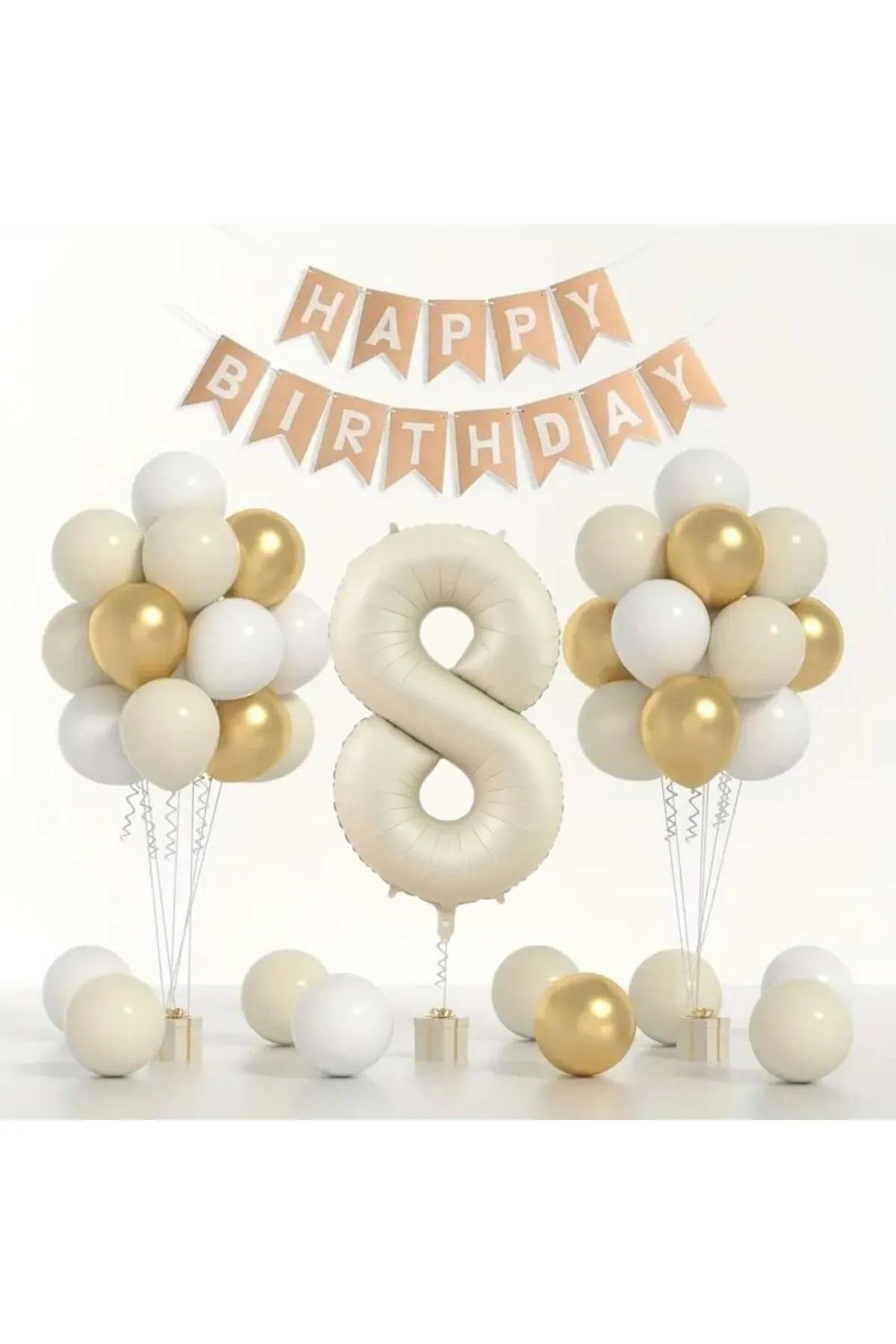 Doğum Günü Balon Seti - Gold Beyaz Deniz Kumu - Rakamlı Folyo Balon ve Banner Dahil!