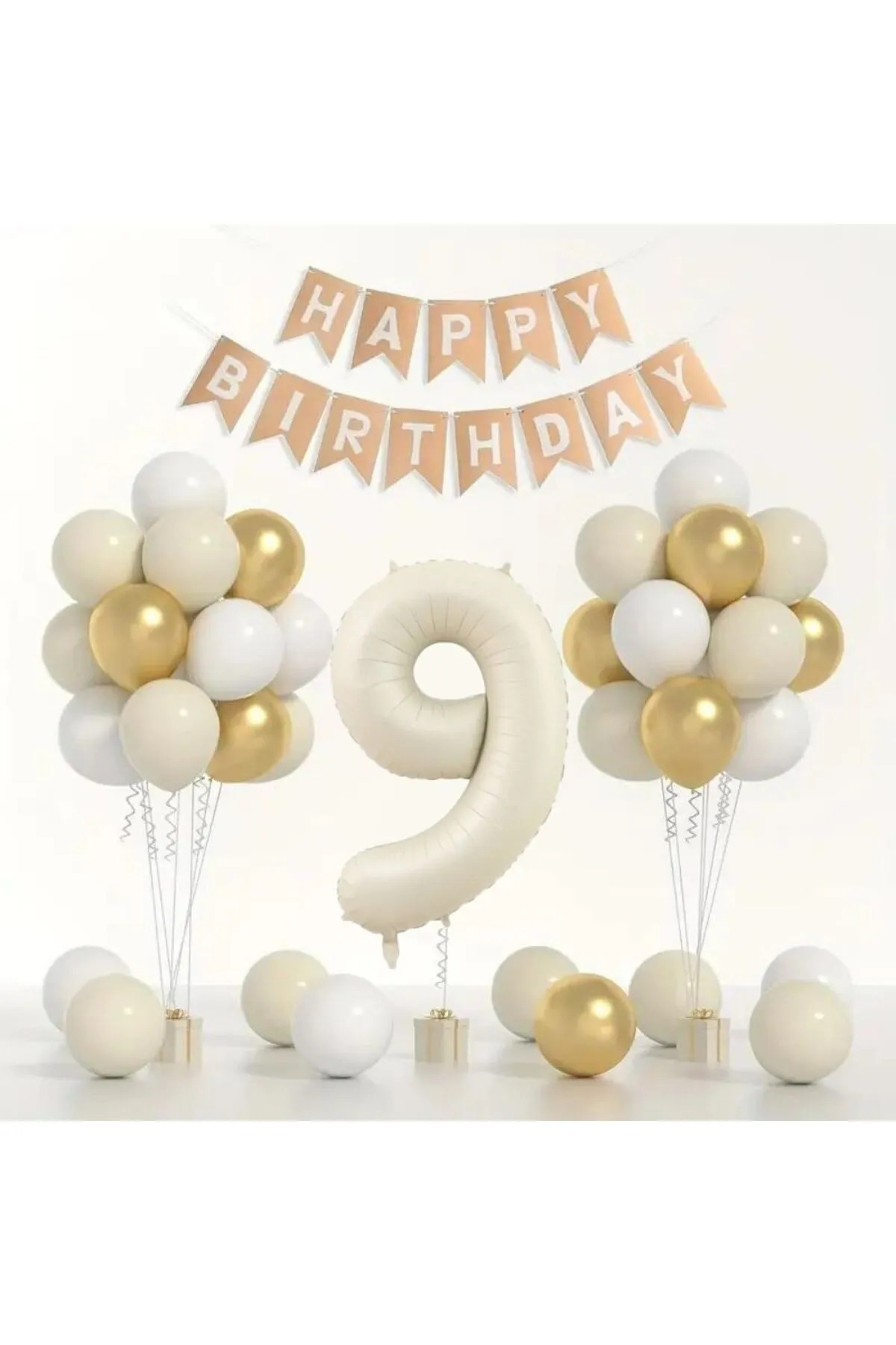 Doğum Günü Balon Seti - Gold Beyaz Deniz Kumu - Rakamlı Folyo Balon ve Banner Dahil!