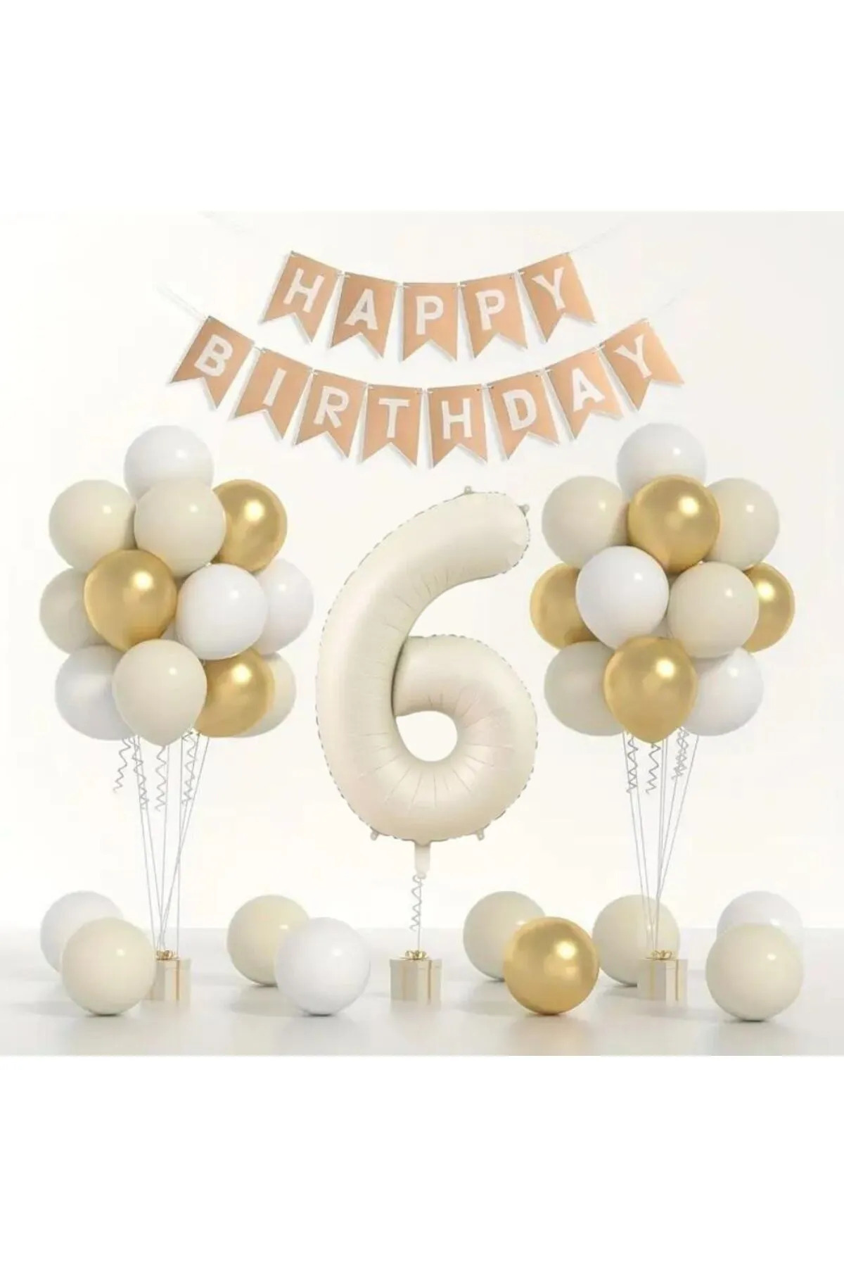 Doğum Günü Balon Seti - Gold Beyaz Deniz Kumu - Rakamlı Folyo Balon ve Banner Dahil!