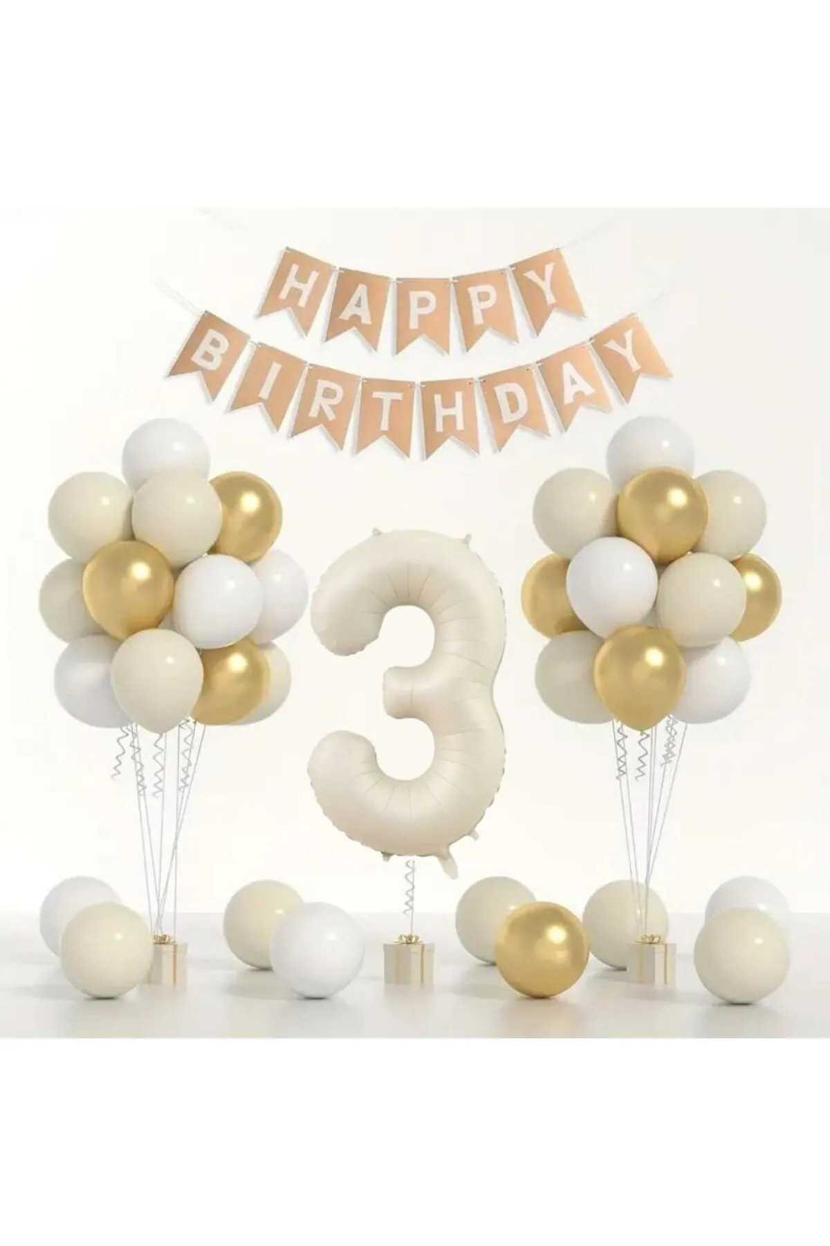 Doğum Günü Balon Seti - Gold Beyaz Deniz Kumu - Rakamlı Folyo Balon ve Banner Dahil!