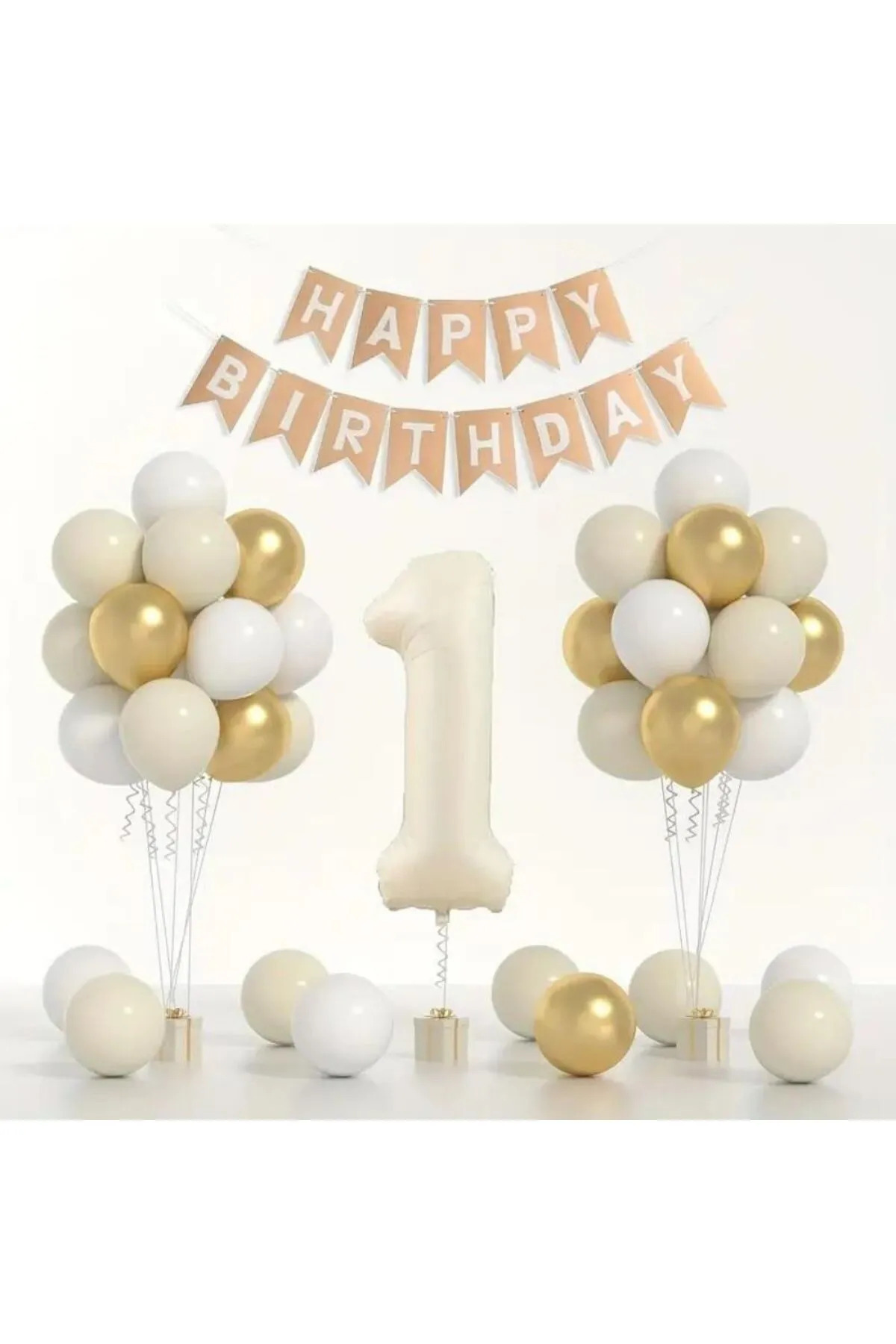 Doğum Günü Balon Seti - Gold Beyaz Deniz Kumu - Rakamlı Folyo Balon ve Banner Dahil!