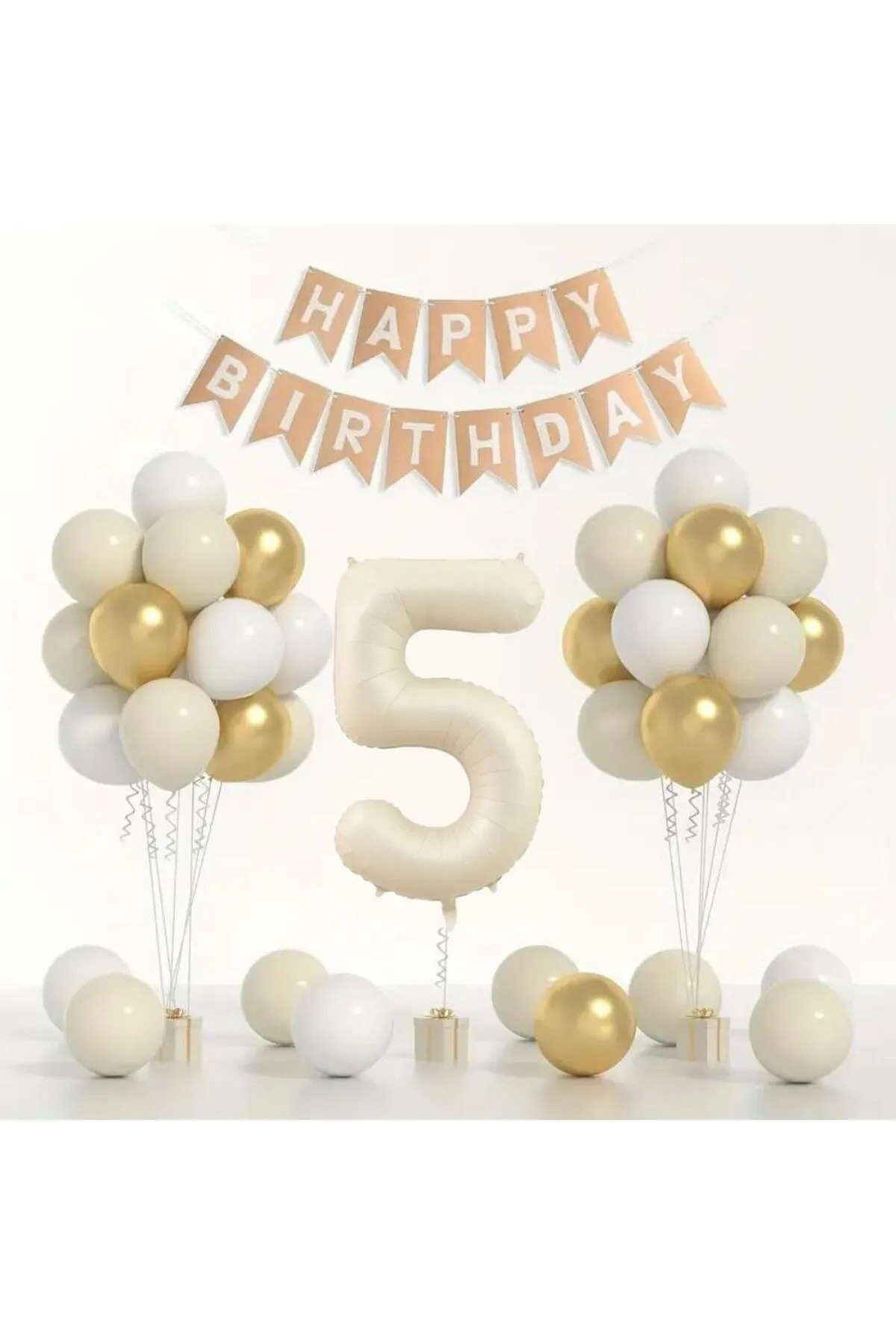 Doğum Günü Balon Seti - Gold Beyaz Deniz Kumu - Rakamlı Folyo Balon ve Banner Dahil!