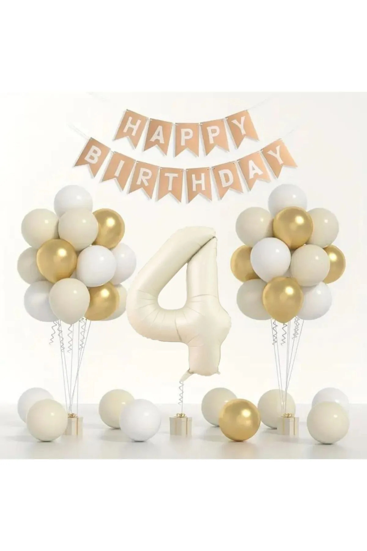 Doğum Günü Balon Seti - Gold Beyaz Deniz Kumu - Rakamlı Folyo Balon ve Banner Dahil!