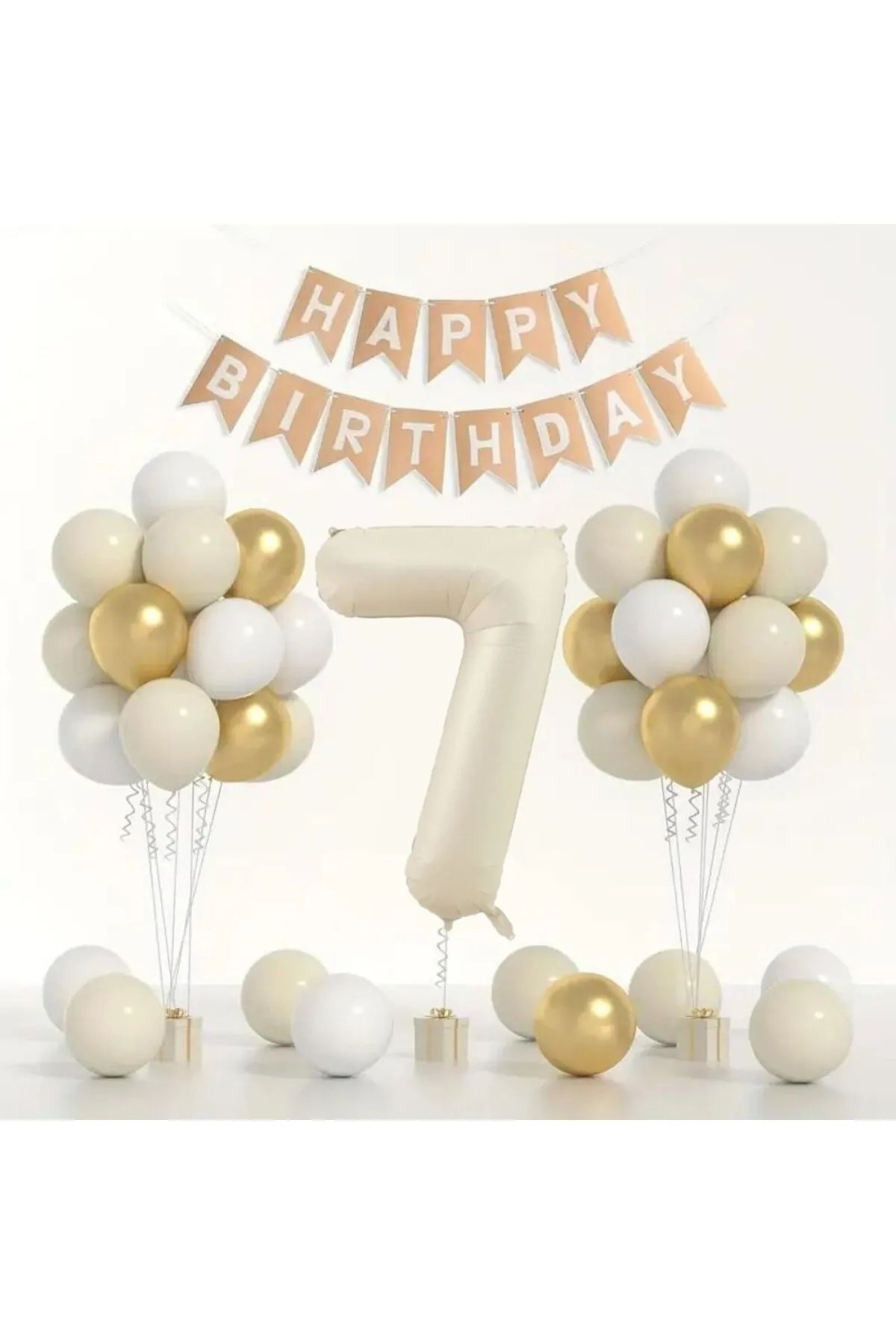 Doğum Günü Balon Seti - Gold Beyaz Deniz Kumu - Rakamlı Folyo Balon ve Banner Dahil!