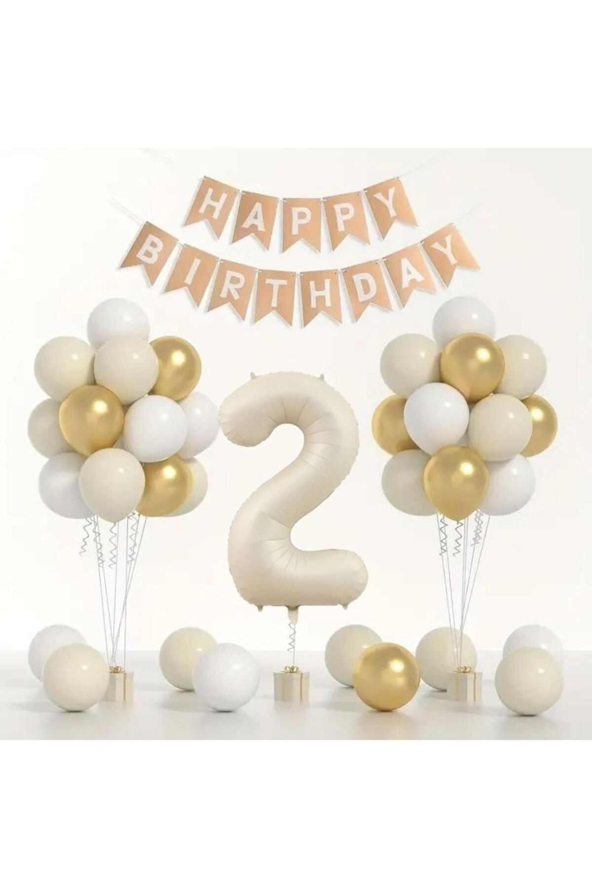 Doğum Günü Balon Seti - Gold Beyaz Deniz Kumu - Rakamlı Folyo Balon ve Banner Dahil!