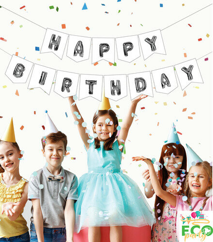 Eco Zarflı Banner Happy Birthday Beyaz Gümüş