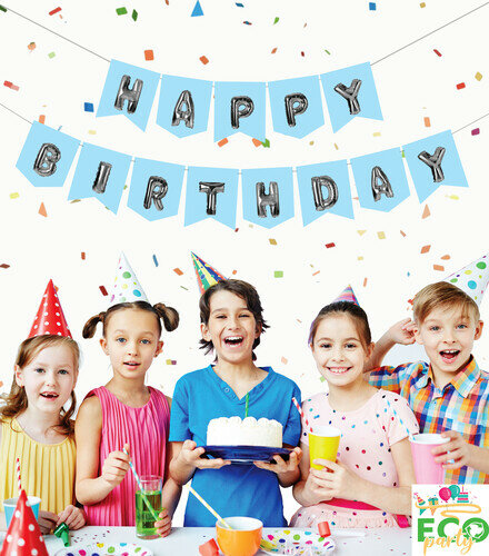 Eco Zarflı Banner Happy Birthday Mavi Gümüş