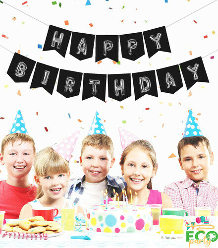Eco Zarflı Banner Happy Birthday Siyah Gümüş