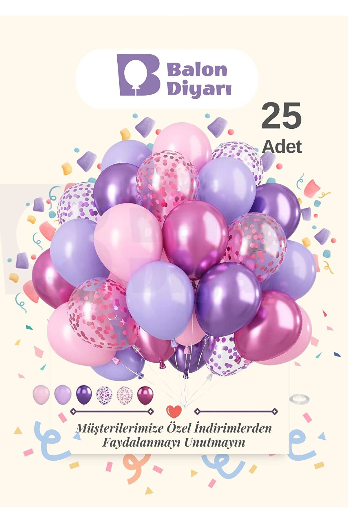 Fuşya & Mor & Pembe & Lila Konfeti 25 Adet Balon Seti – Göz Alıcı Ve Şık Parti Dekoru