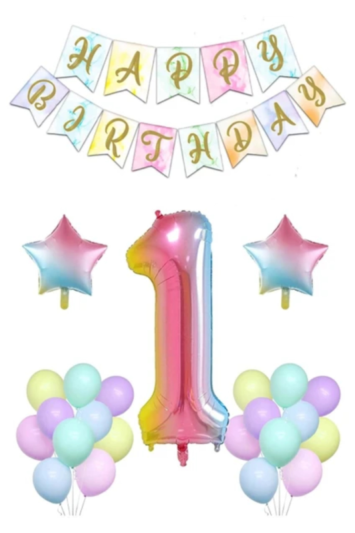 Gökkuşağı Konsepti 1 Yaş Doğum Günü Parti Kutlama Seti Rakam Ve Yıldız Folyo Banner Ve