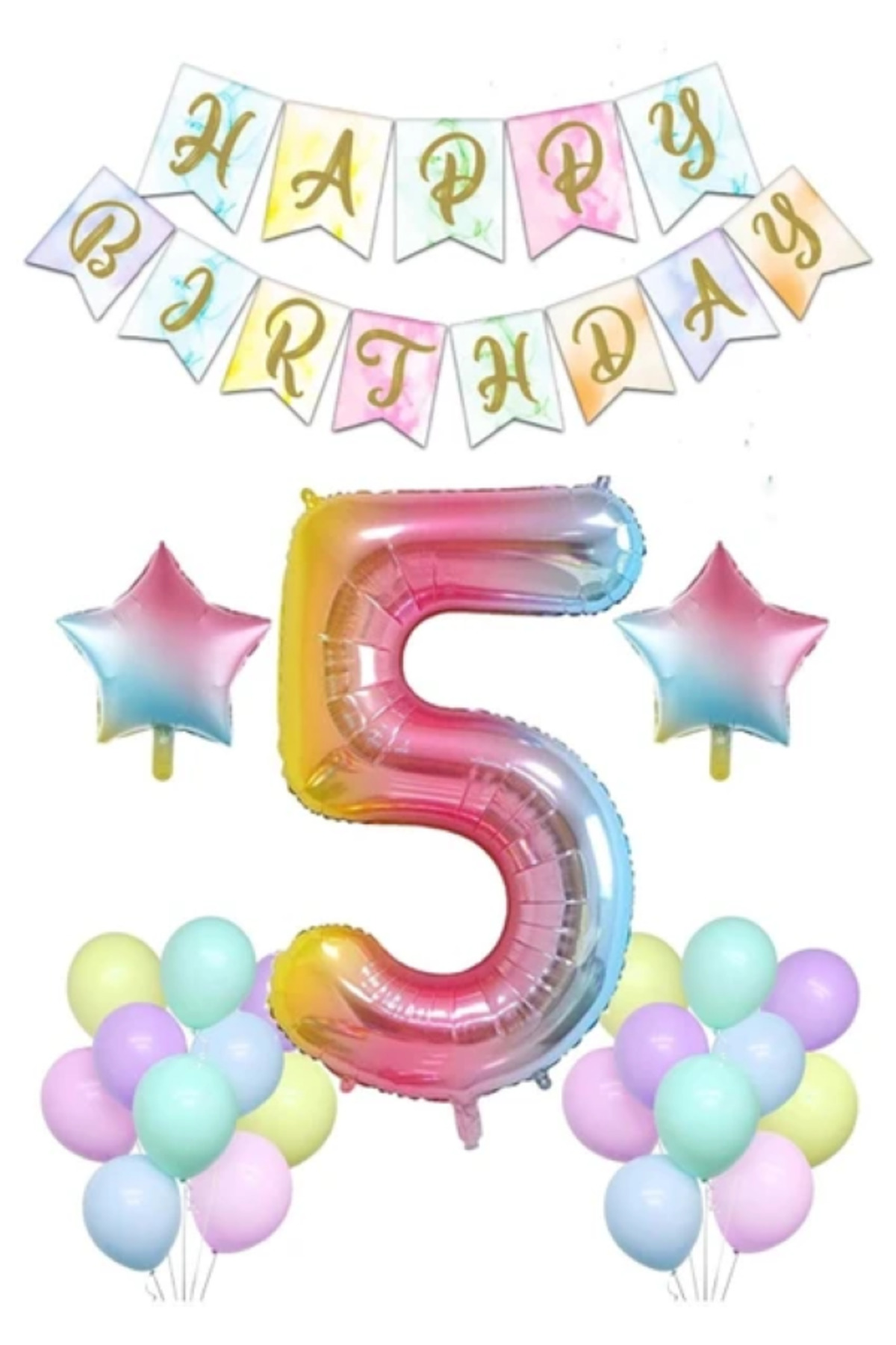 Gökkuşağı Konsepti 5 Yaş Doğum Günü Parti Kutlama Seti Rakam Ve Yıldız Folyo Banner Ve