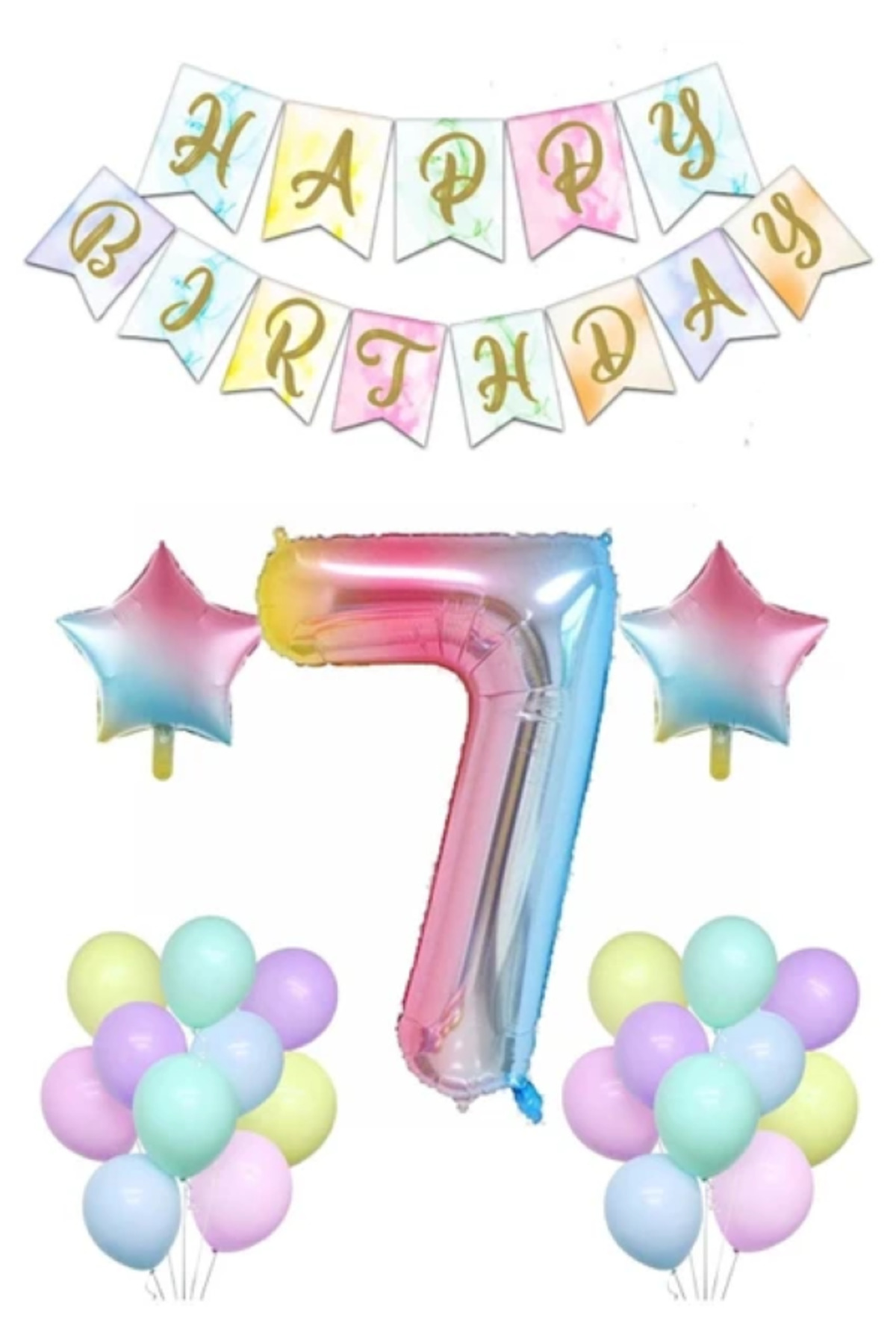 Gökkuşağı Konsepti 7 Yaş Doğum Günü Parti Kutlama Seti Rakam Ve Yıldız Folyo Banner Ve