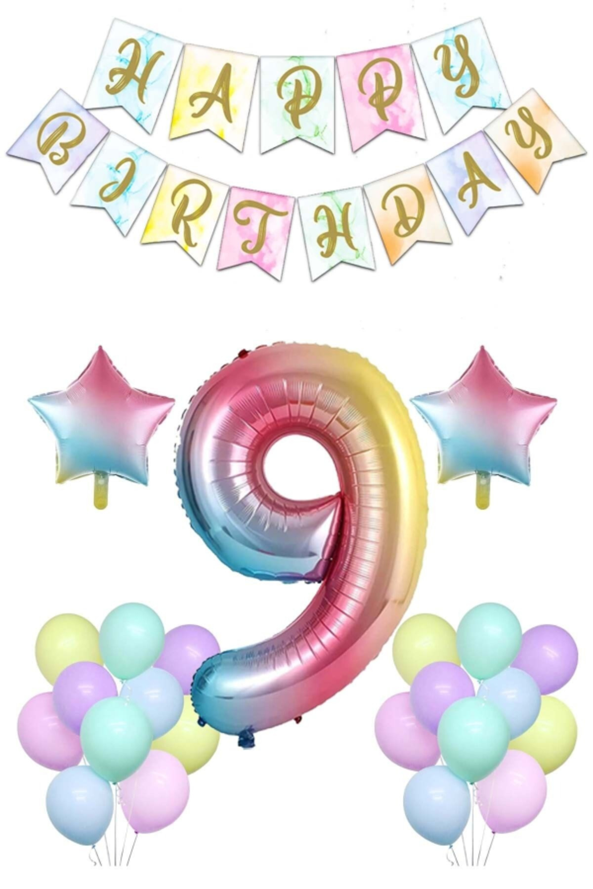 Gökkuşağı Konsepti 9 Yaş Doğum Günü Parti Kutlama Seti Rakam Ve Yıldız Folyo Banner Ve
