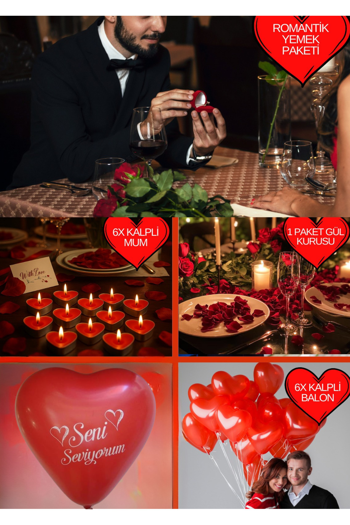 kalpli Balon Mum Romantik Yemek Seti Sevgililer Günü özel günleriniz için