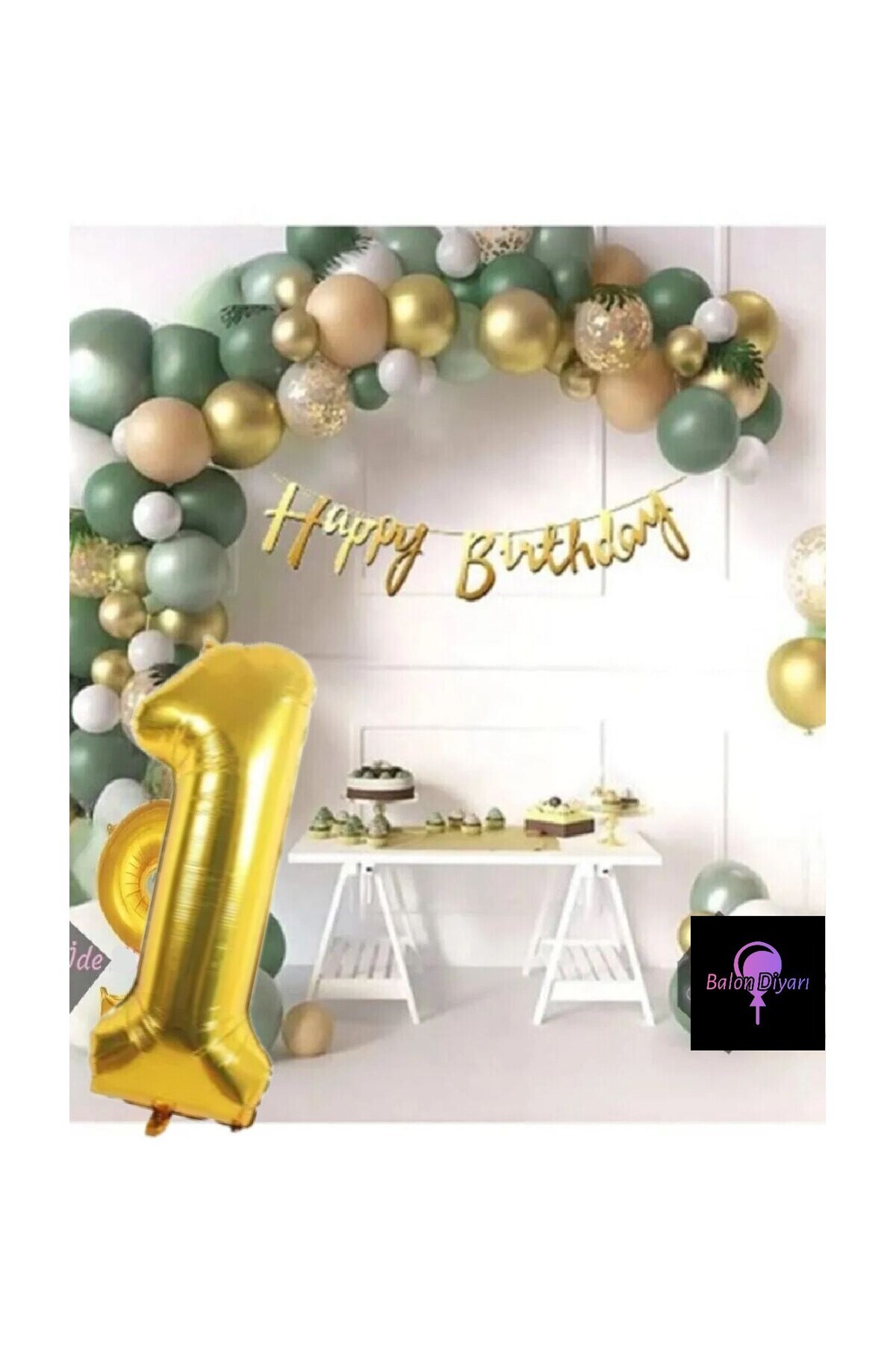 Küf Yeşilli Gold Beyaz 1 Yaş Için Kaliteli Lüks Doğum Günü Balon Seti