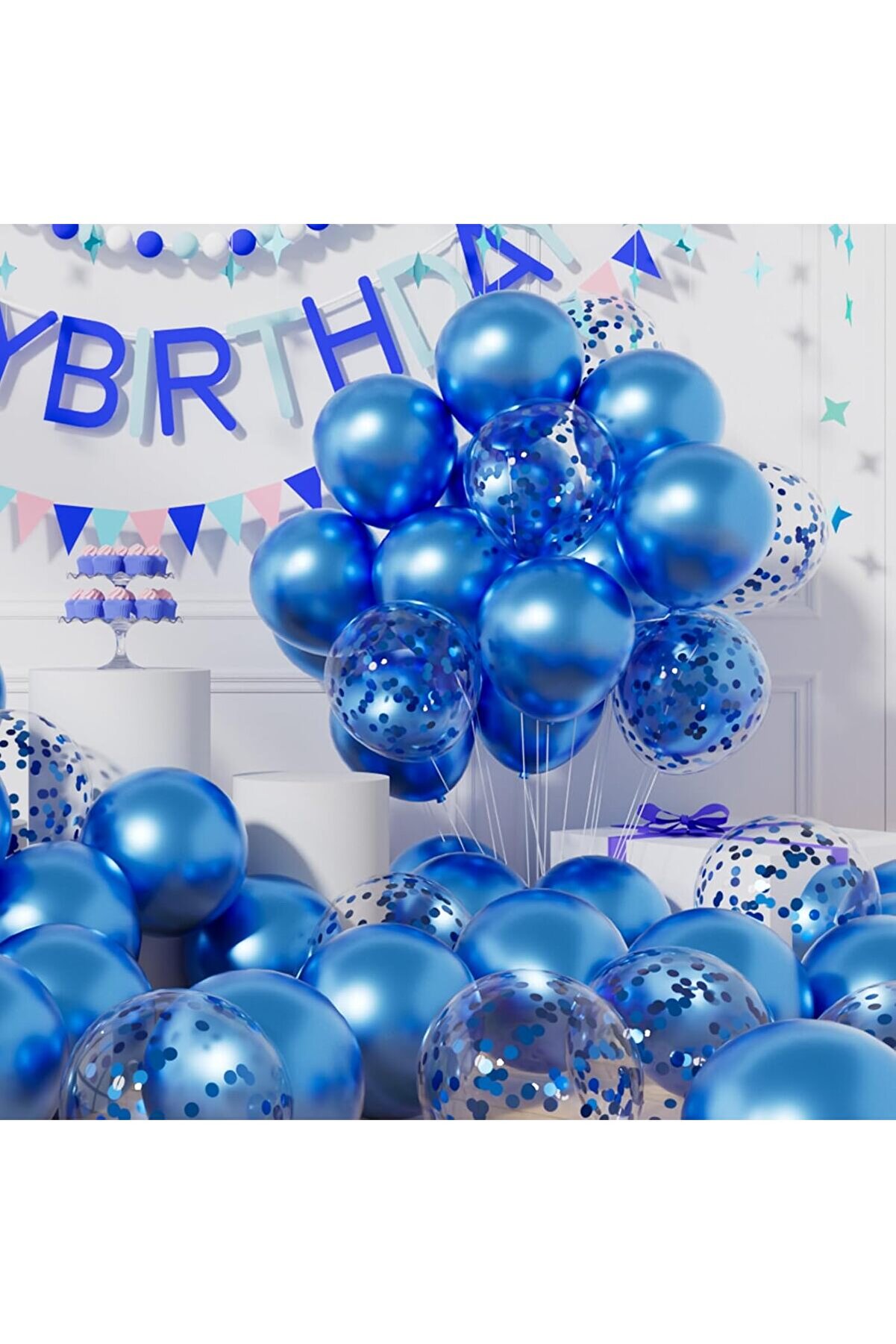 Mavi Sedefli 20 adet Metalik Şeffaf Balon Premium 2 Paket Balon Pulu