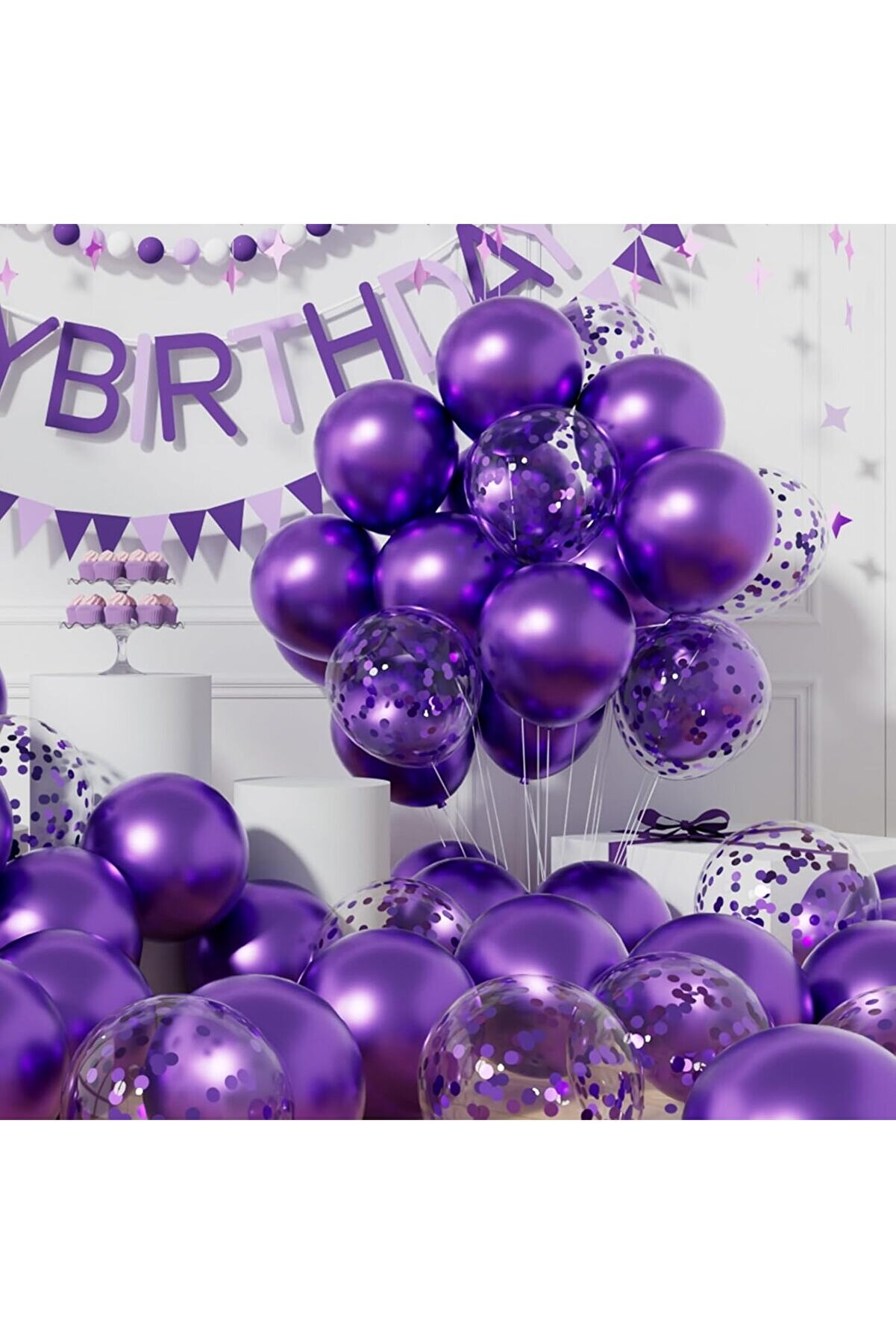 Mor Sedefli Metalik 40 Adet Şeffaf Balon Premium