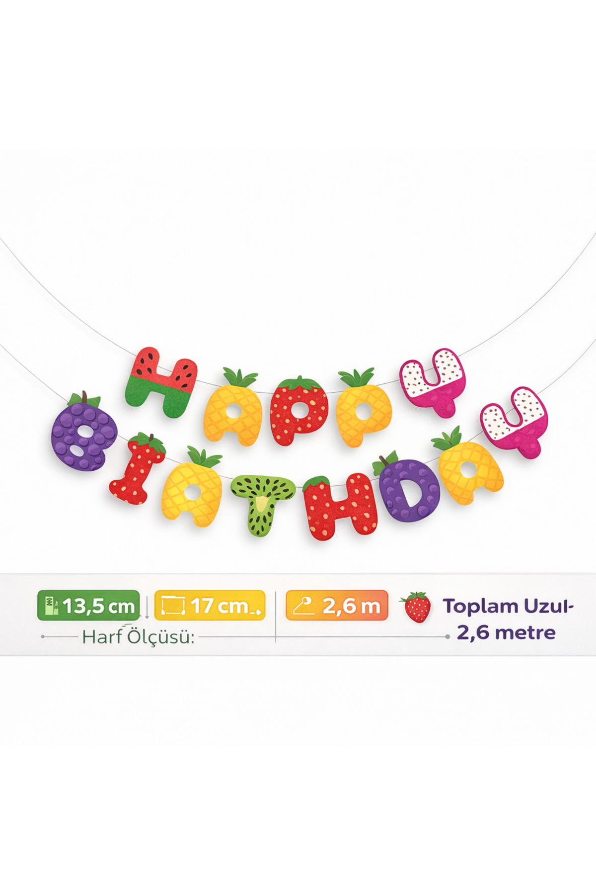 Özel kesim meyve temalı kaliteli happy birthday banner 2,6 metre