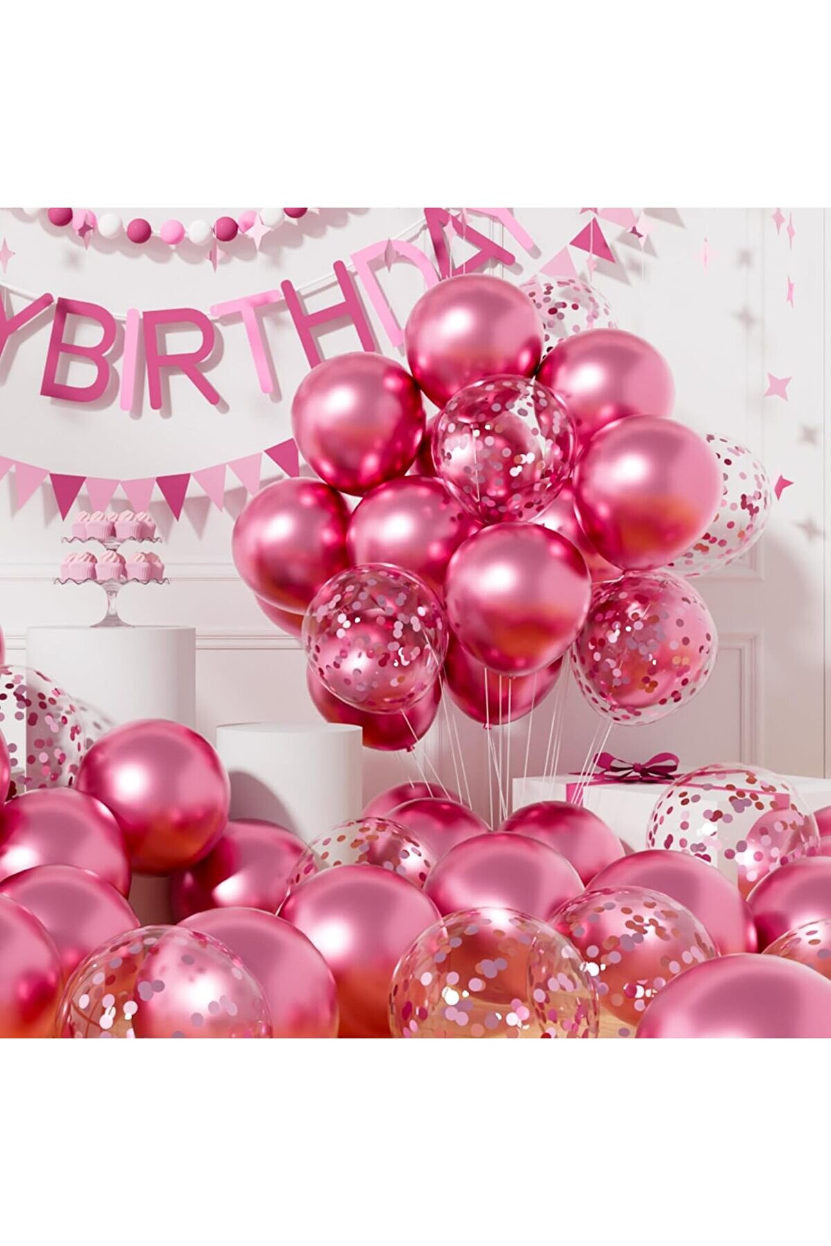 Pembe Sedefli 2 adet Metalik Şeffaf Balon Premium 2 Paket Balon Pulu