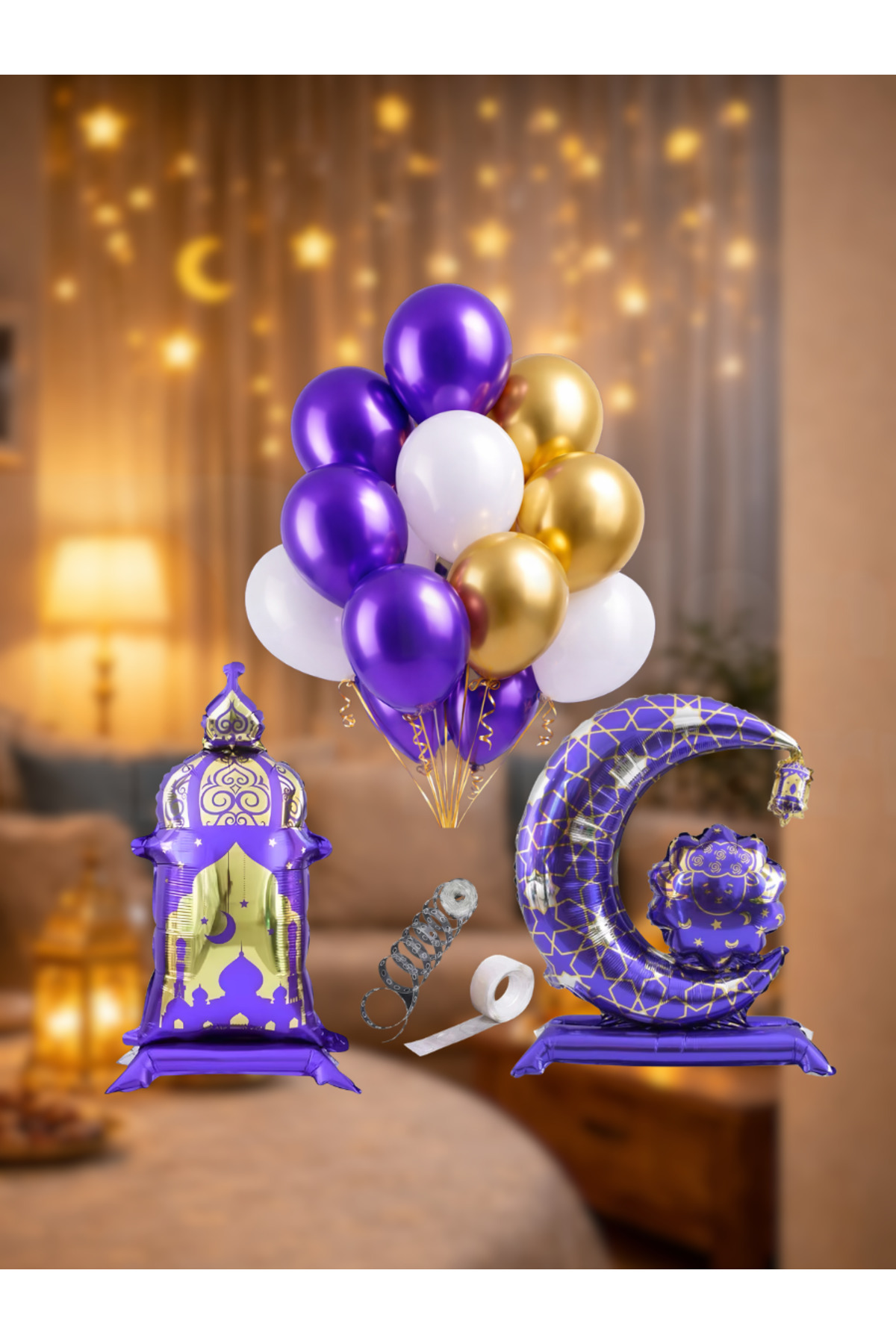 Ramazan Konsept Mor Gold Balon Seti – Hilal & Fener Folyo Balon + Mor Beyaz Gold Balon