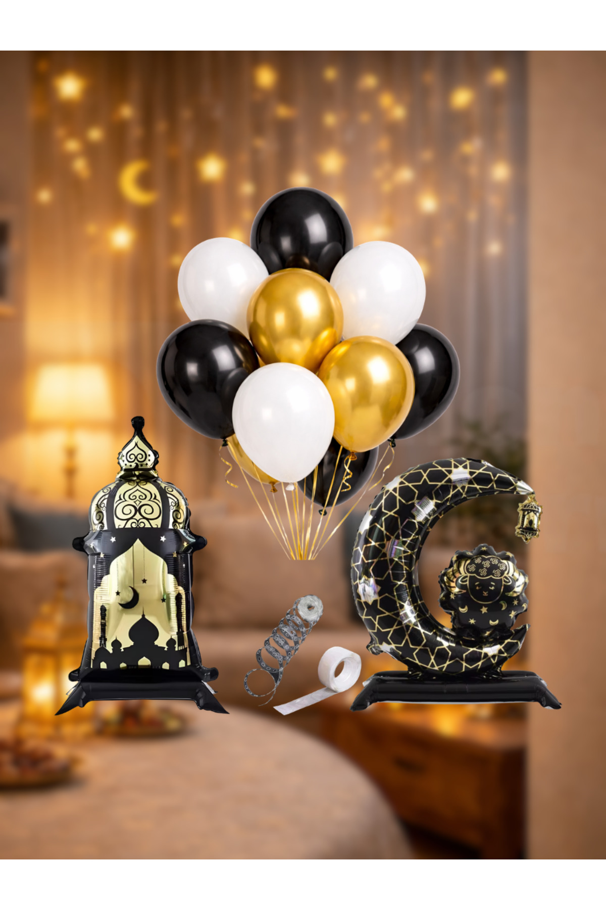 Ramazan Konsept Siyah Gold Balon Seti – Hilal & Fener Folyo Balon + Siyah Beyaz Gold