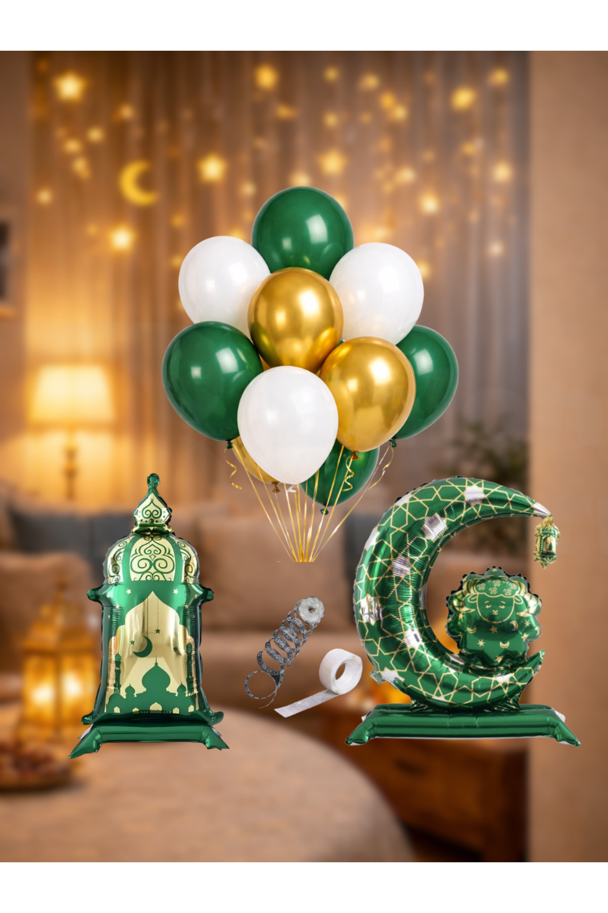 Ramazan Konsept Yeşil Gold Balon Seti – Hilal & Fener Folyo Balon + Yeşil Beyaz Gold