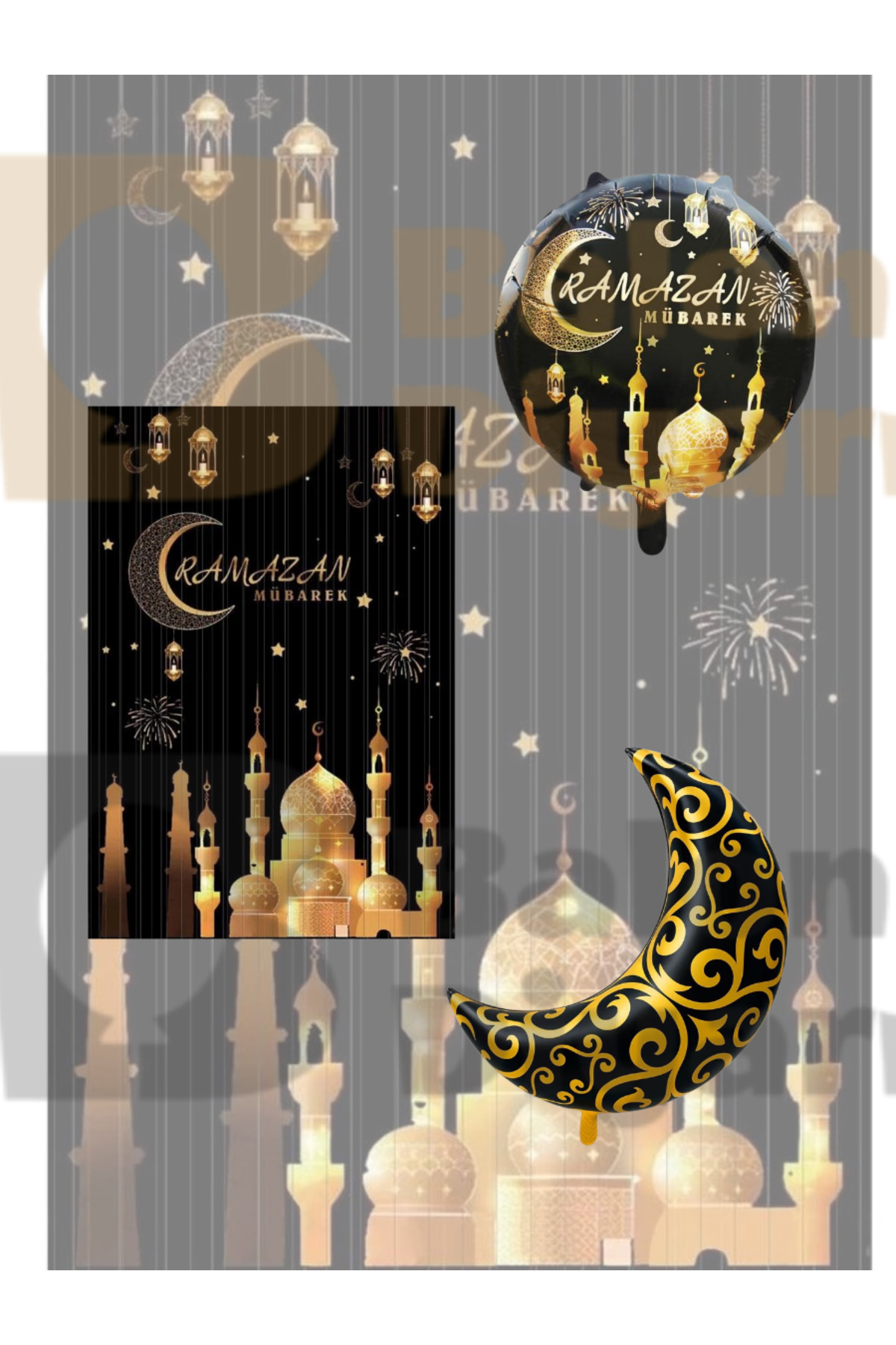 Ramazan Temalı Siyah Gold Dekor Seti – Ramazan Perde Afiş + Yuvarlak Folyo Balon + Yıldız