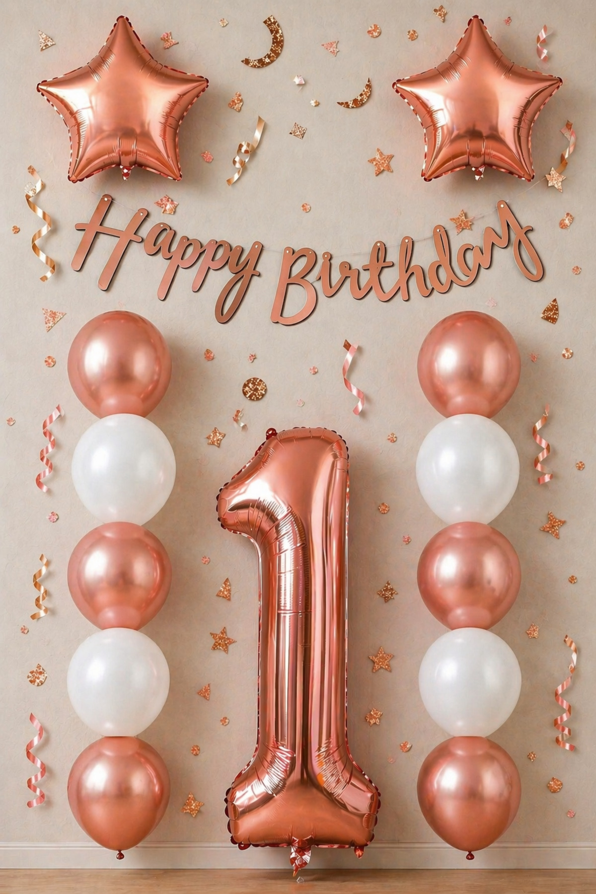 Rose Gold 1 Yaş Doğum Günü Kutlama Seti; Beyaz Rose Gold Balon, Rakam Yıldız Folyo Ve
