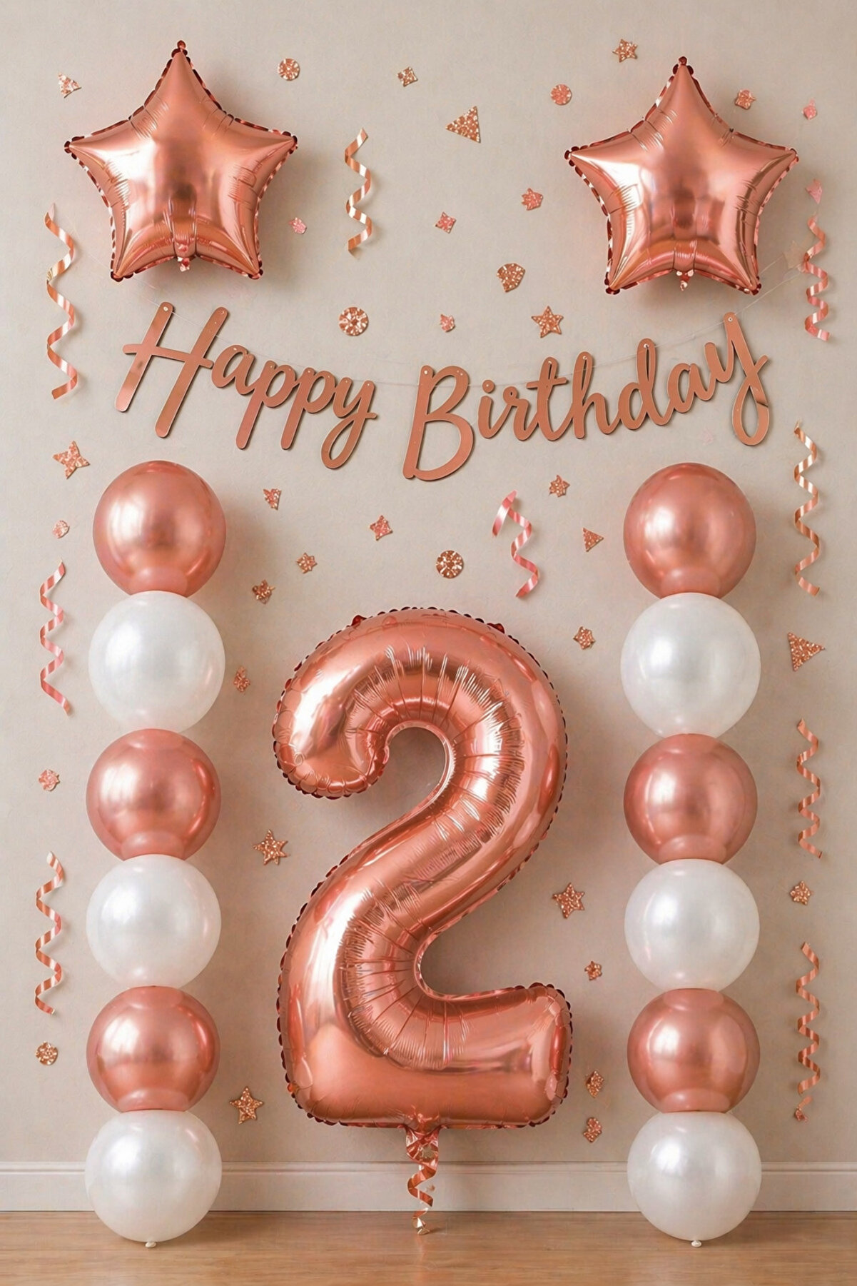 Rose Gold 2 Yaş Doğum Günü Kutlama Seti; Beyaz Rose Gold Balon, Rakam Yıldız Folyo Ve Banner