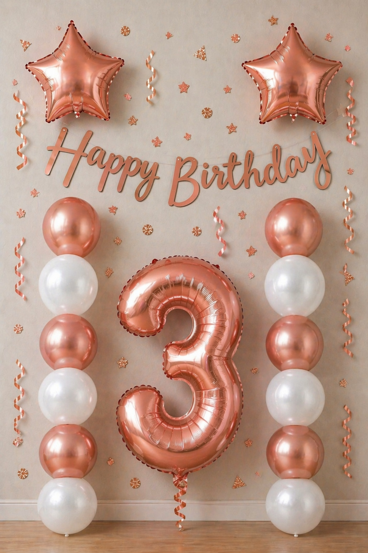 Rose Gold 3 Yaş Doğum Günü Kutlama Seti; Beyaz Gold Balon, Rakam Yıldız Folyo Ve Banner