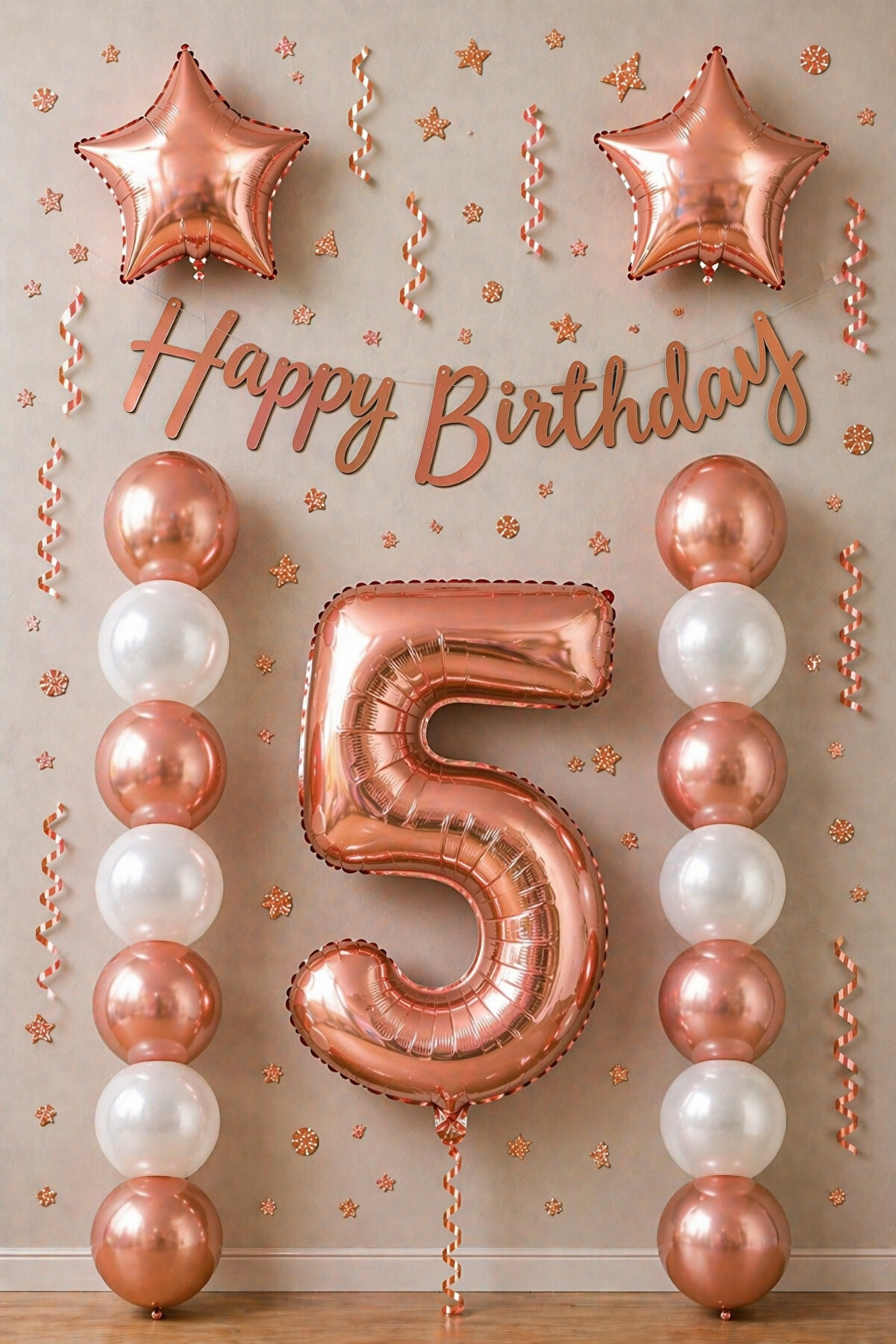 Rose Gold 5 Yaş Doğum Günü Kutlama Seti; Beyaz Rose Gold Balon, Rakam Yıldız Folyo Ve Banner