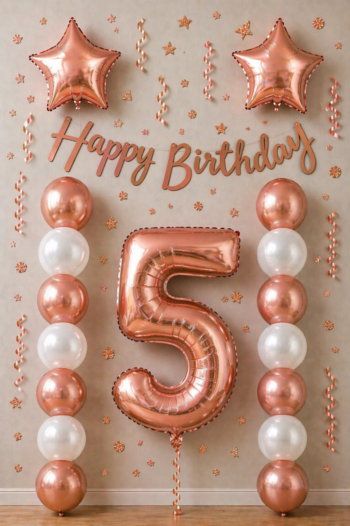 Rose Gold 5 Yaş Doğum Günü Kutlama Seti; Beyaz Rose Gold Balon, Rakam Yıldız Folyo Ve