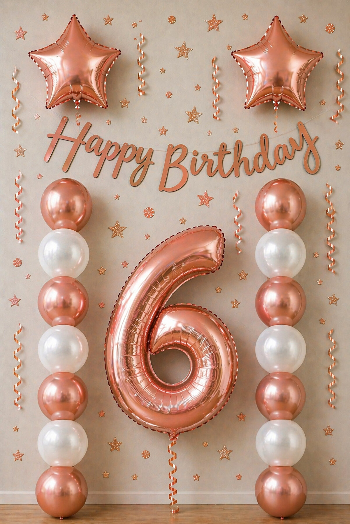 Rose Gold 6 Yaş Doğum Günü Kutlama Seti; Beyaz Gold Balon, Rakam Yıldız Folyo Ve Banner