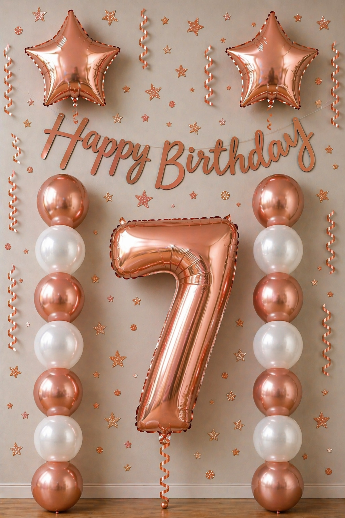 Rose Gold 7 Yaş Doğum Günü Kutlama Seti; Beyaz Rose Gold Balon, Rakam Yıldız Folyo Ve
