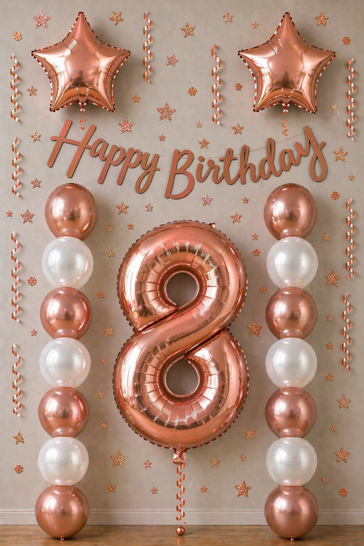 Rose Gold 8 Yaş Doğum Günü Kutlama Seti; Beyaz Gold Balon, Rakam Yıldız Folyo Ve Banner