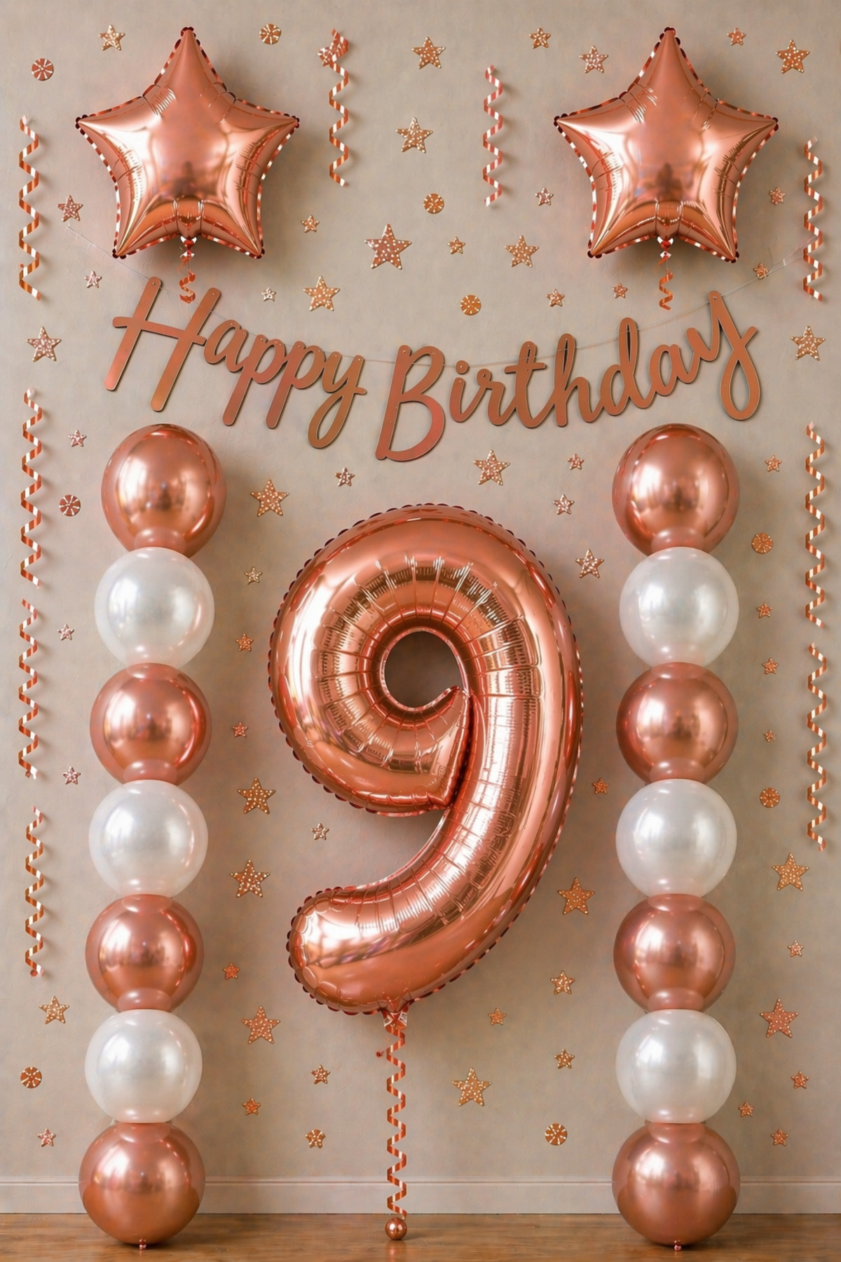 Rose Gold 9 Yaş Doğum Günü Kutlama Seti; Beyaz Gold Balon, Rakam Yıldız Folyo Ve Banner