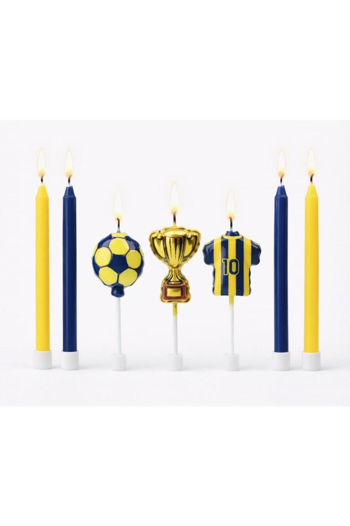 Sarı lacivert Doğum Günü Pasta Mumu Seti 4'lü - Top Kupa Forma Happy Birthday