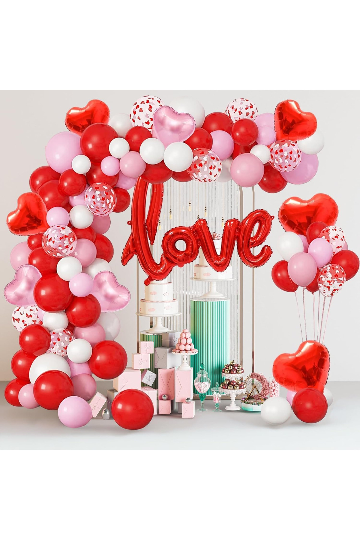 Sevgililer Günü Aşk Seti - Love & Kalp Folyo Balon + Kuru Gül + Rafya 45 adet renkli balon