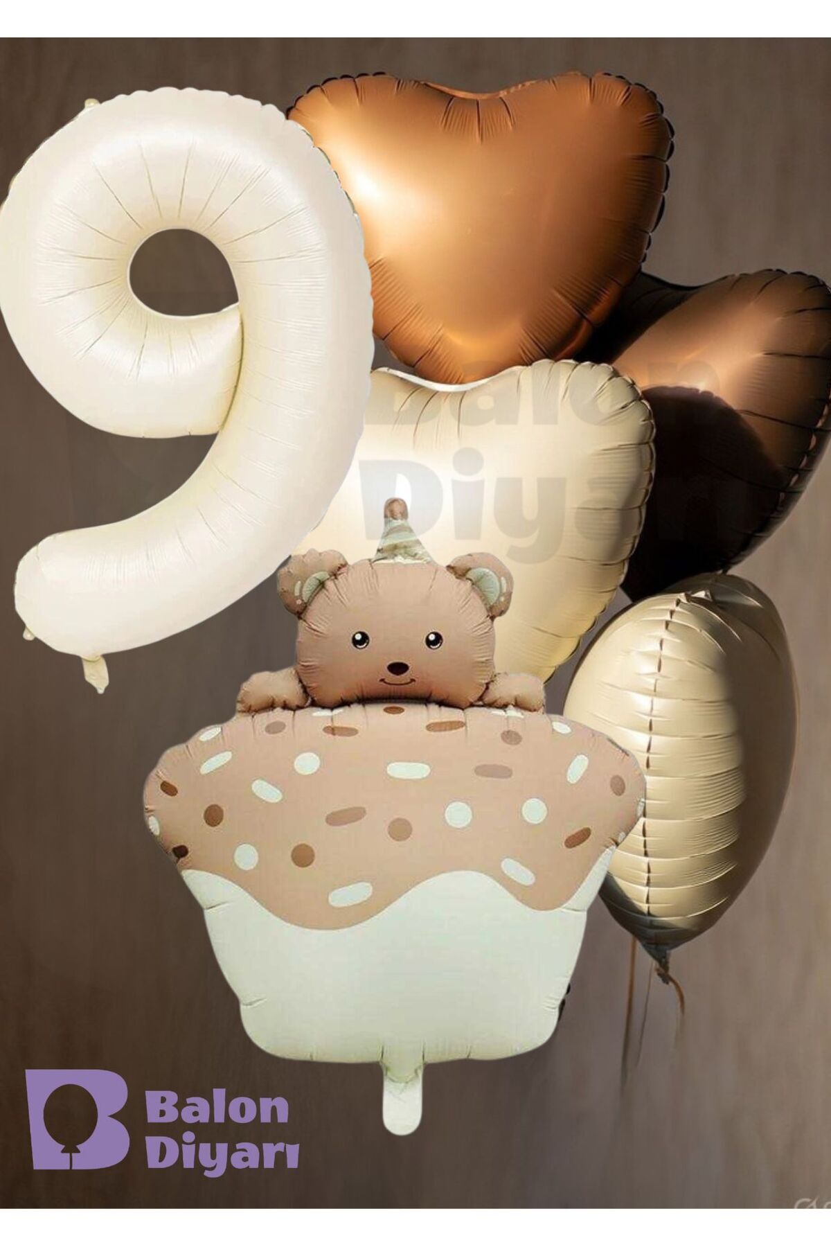 Yaş temalı Retro Ayıcık Pastalı 3 adet kalpli Doğum günü balon seti