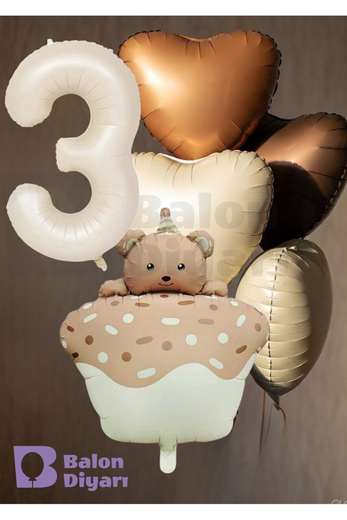 Yaş temalı Retro Ayıcık Pastalı 3 adet kalpli Doğum günü balon seti